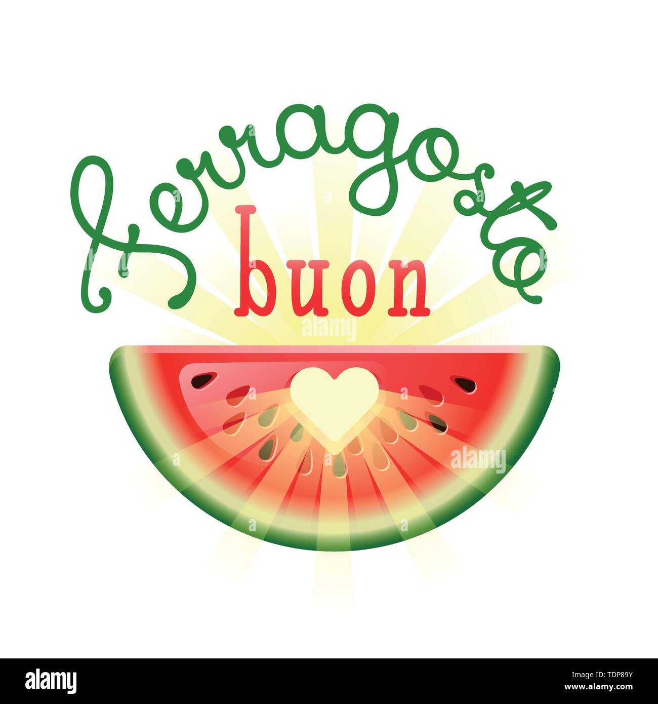 Buon Ferragosto. Happy Sommer Urlaub in Italienisch. Italienischer Sommer Festival Konzept mit Herz in Wassermelone und Sonnenstrahlen. Vector Illustration. Stock Vektor