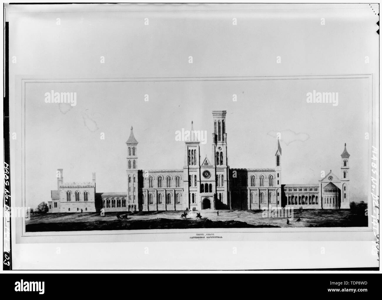 Fotokopie des Architekten rendering aus der Renwick office, signiert unten rechts "H. C. Moore Verfasser Mai 1848" und unten links signiert "Louis R. Townsend pinxt. Juni 1848 'NORTH FRONT, Smithsonian Institution. - Smithsonian Institution Building, 1000 Jefferson Drive, zwischen dem neunten und zwölften Straßen, Südwesten, Washington, District of Columbia, DC Stockfoto