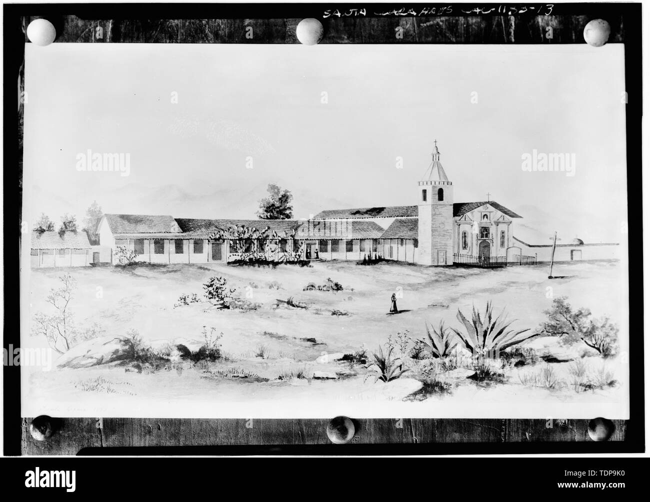 Fotokopie von etwa Aquarell 1870 in der Gesellschaft von Kalifornien Pioniere Sammlung. Ansicht des Komplexes von Südosten - die Mission Santa Clara de Asis, Franklin und Grant Straßen, Santa Clara, Santa Clara County, CA Stockfoto