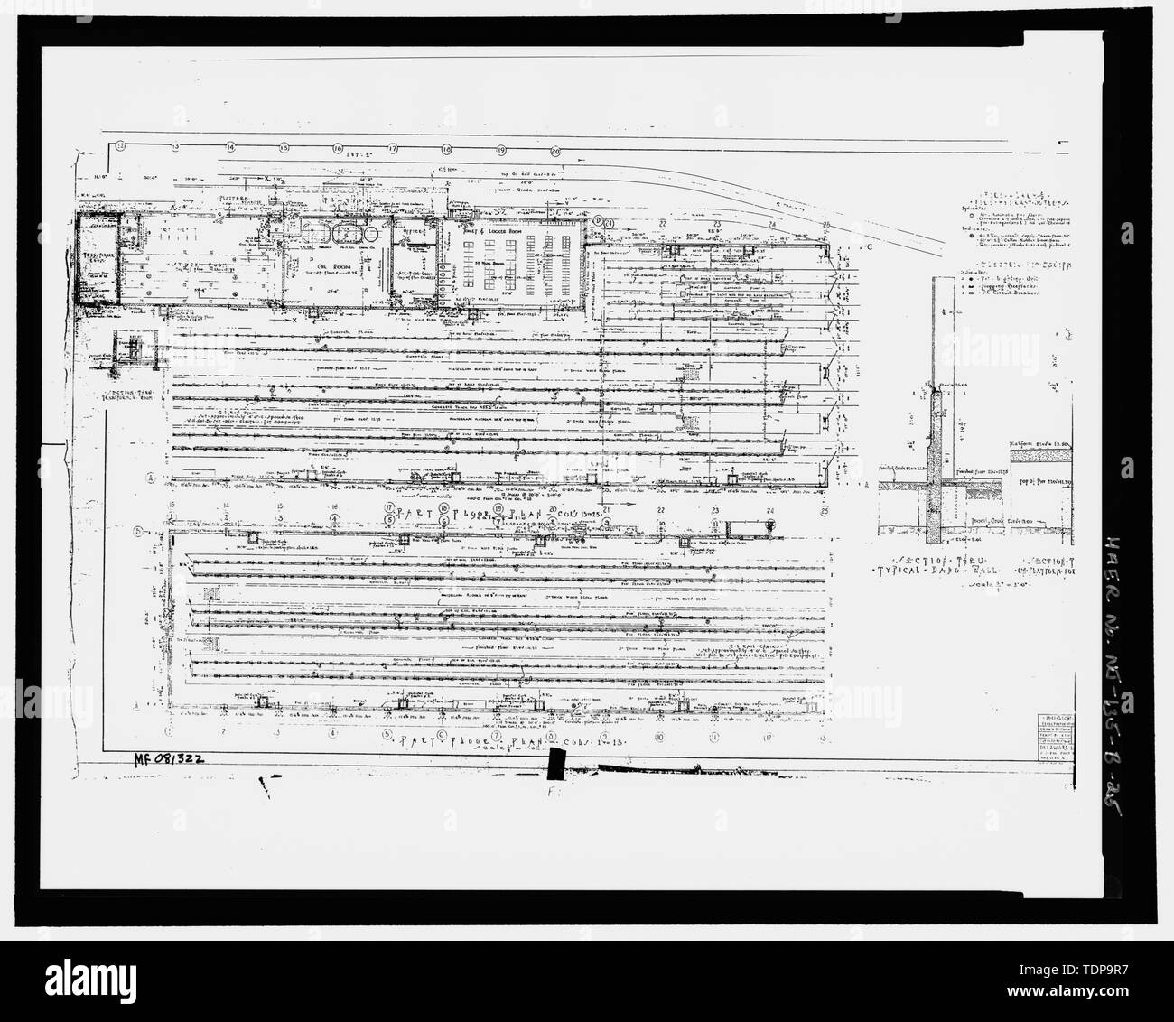 Fotokopie der Bauzeichnung (mikrofilm in NJ TRANSIT Archiv, Newark, New Jersey, uncatalogd), Grundriss, 1930. - Delaware, Lackawanna und Western Railroad Freight und Rail Yard, Multiple Unit Licht Inspektion Schuppen, New Jersey Transit Hoboken Terminal Rail Yard, Hoboken, Hudson County, New Jersey Stockfoto