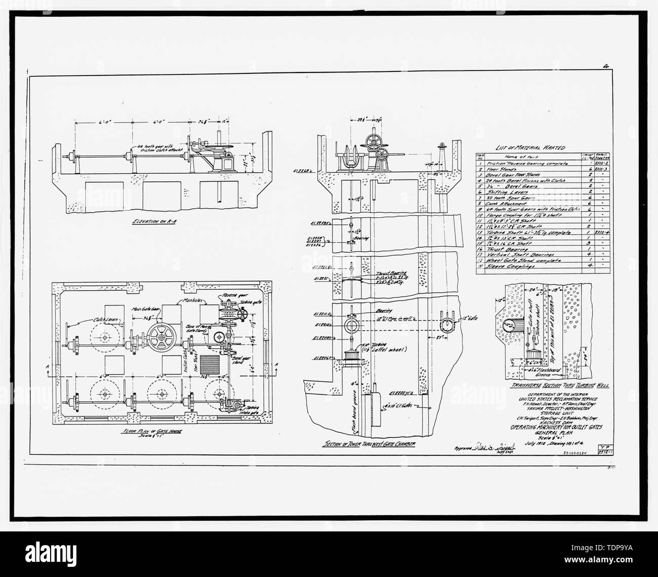 Fotokopie der Bauzeichnung, US-Reklamation Service, Juli 1912 (original Drucken bei US-Büro der Reklamation oberen Columbia Bereich Büro, Yakima, im Bundesstaat Washington). Bedienung von Maschinen für OUTLET GATES - ÜBERSICHTSPLAN - kachess Dam, Torhaus, kachess Fluss, 1,5 Meilen nördlich der Interstate 90, Easton, Kittitas County, WA Stockfoto