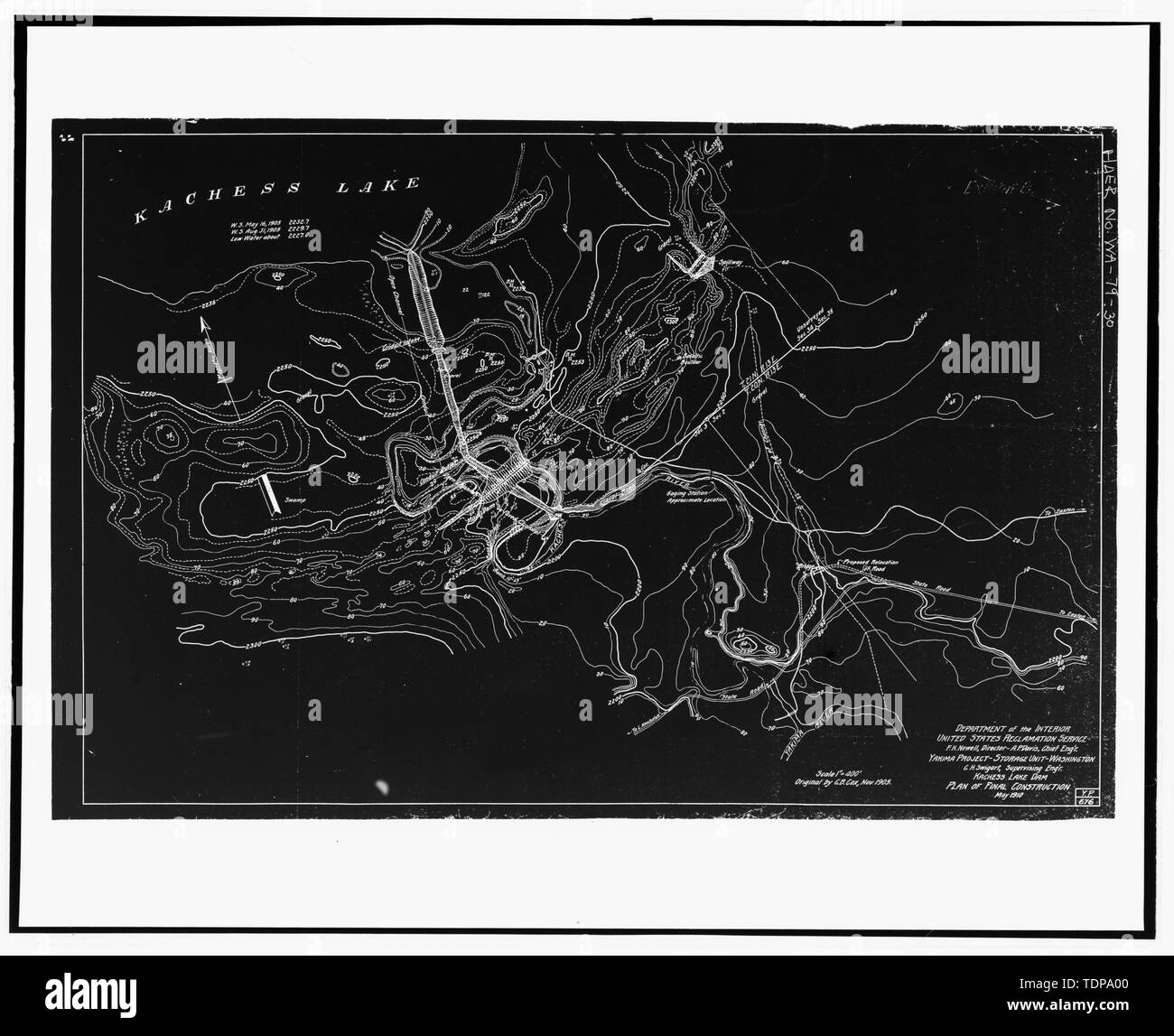 Fotokopie der Bauzeichnung, US-Reklamation Service, Mai 1910 (original Drucken bei US-Büro der Reklamation oberen Columbia Bereich Büro, Yakima, im Bundesstaat Washington). PLAN DER ENDGÜLTIGEN KONSTRUKTION - kachess Kachess Staudamm, Fluss, 1,5 Meilen nördlich der Interstate 90, Easton, Kittitas County, WA; Avery, Christine, Sender Stockfoto