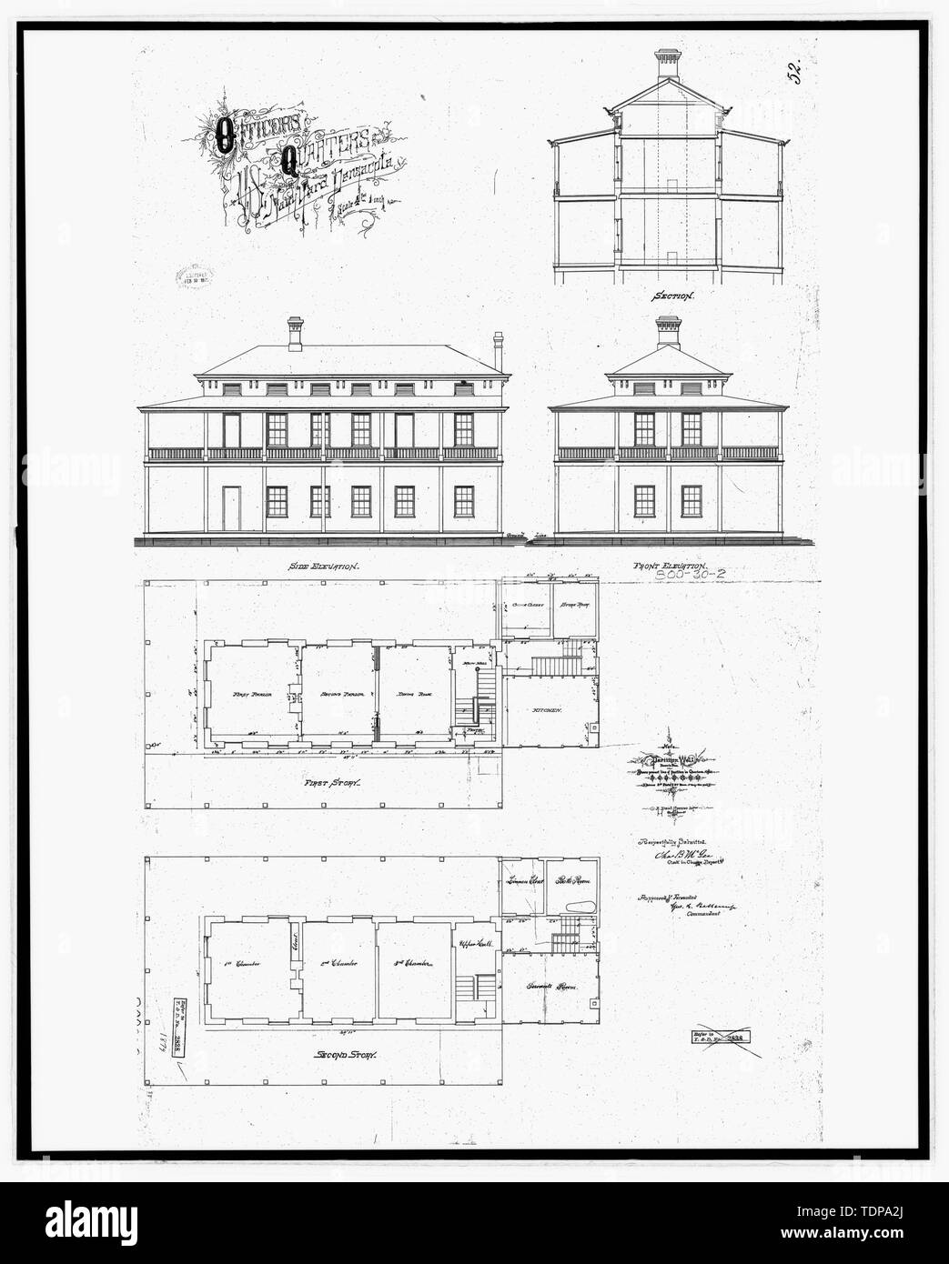 Kopie der Zeichnung (1875 ursprüngliche architektonische Zeichnung in Gebäude Nr. 458 entfernt, NAS Pensacola, Florida); OFFIZIERE VIERTEL U.S. NAVY YARD PENSACOLA, TRENNWAND (VIERTEL B, C, D, E, H, K, M) - U.S. Naval Air Station, Senior Officers' Quarters, Q-6 North Avenue, Pensacola, Escambia County, FL Stockfoto