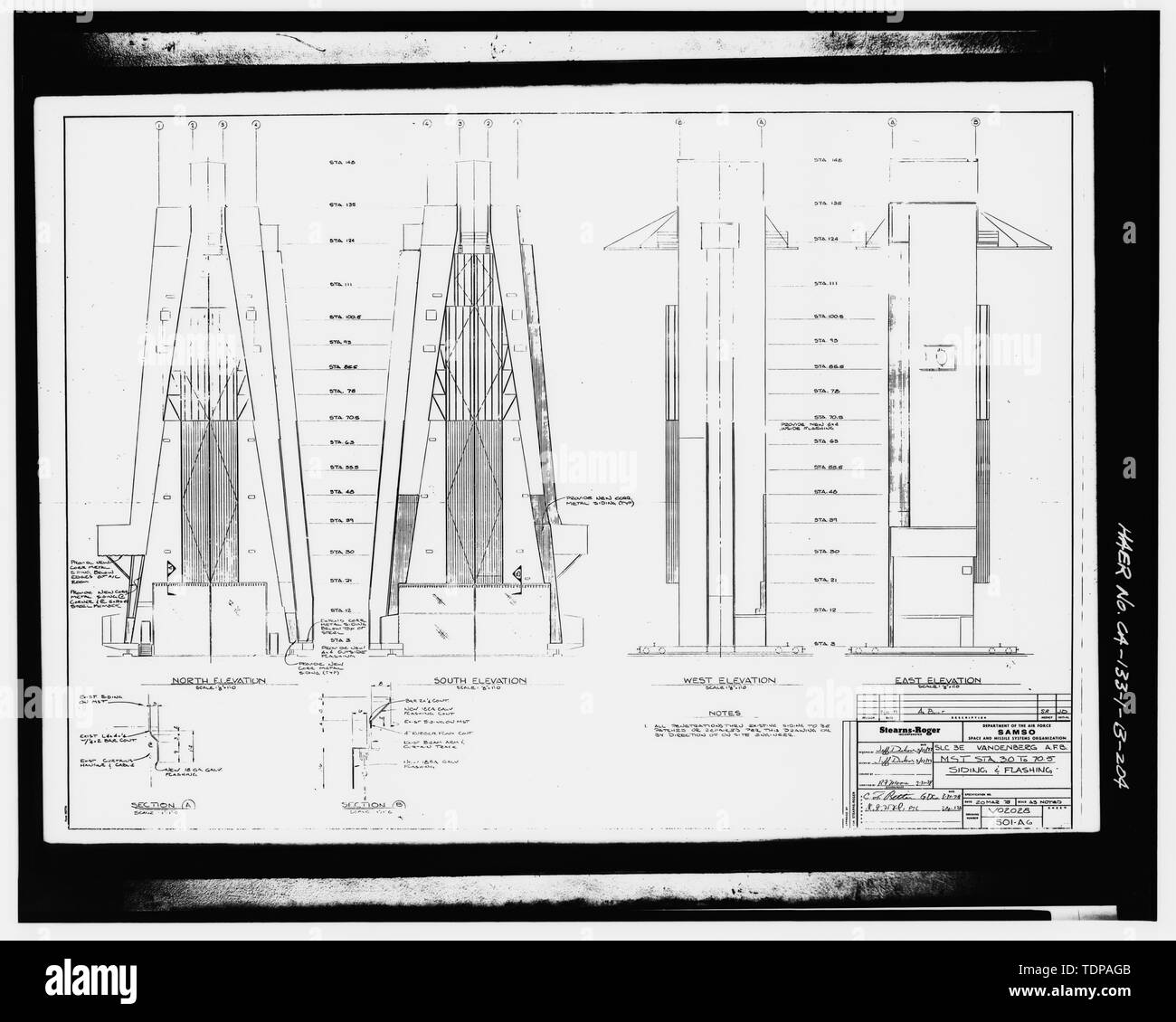 Kopie der Zeichnung (architektonische Zeichnung von Stearns-Roger integriert) ABSTELLGLEIS UND BLINKT BEI MST-STATIONEN 3 1977 AUF 70,5, Blatt 501-A6-Vandenberg Air Force Base, Space Launch Complex 3, Launch Pad 3 Ost, Napa und Alden Straßen, Lompoc, Santa Barbara County, CA Stockfoto