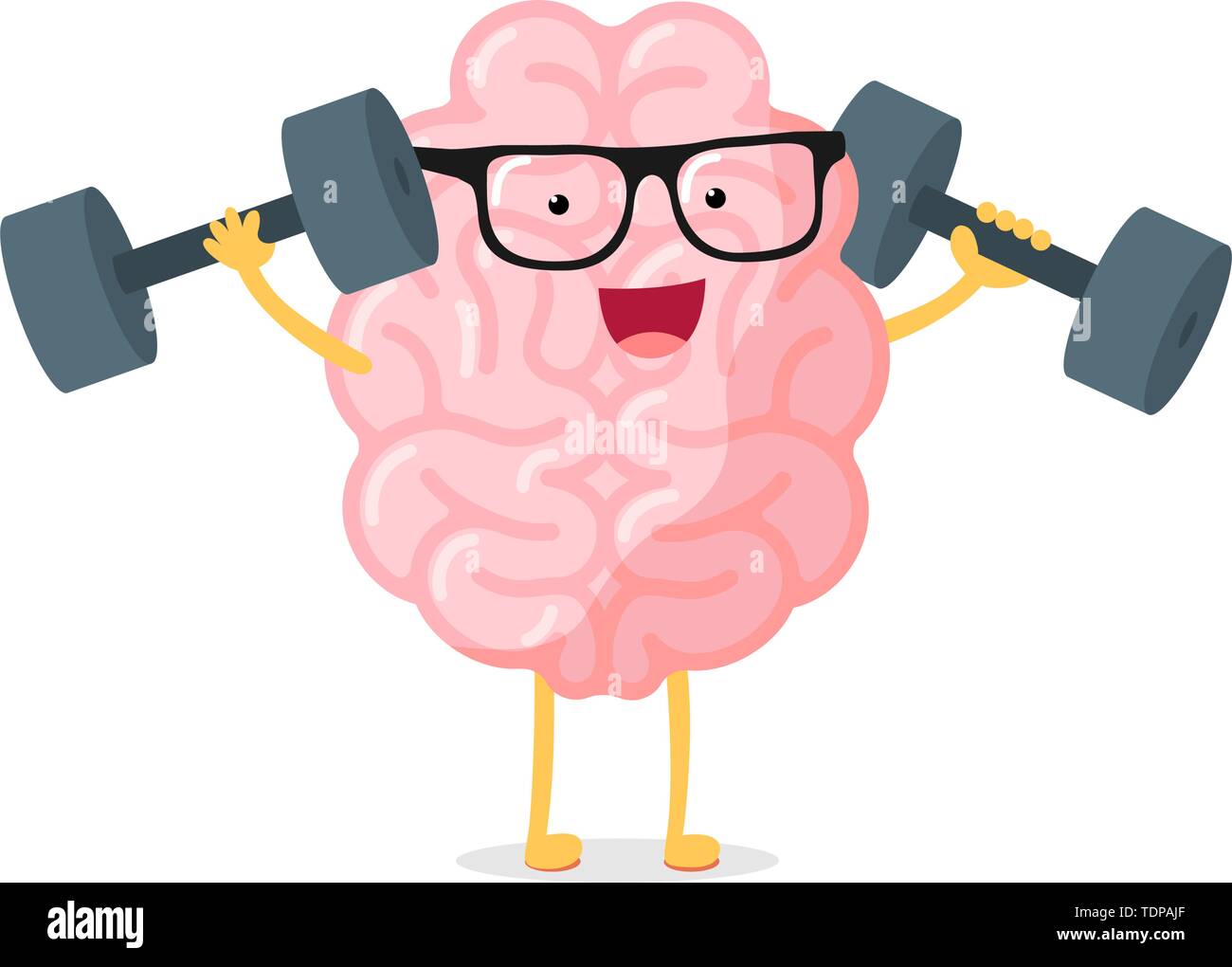 Cartoon smart starke menschliche Gehirn Charakter mit Brille power Training Konzept. Rock Gelehrsamkeit Intellekt mit Hanteln. Zentralen Nervensystems Orgel Stock Vektor