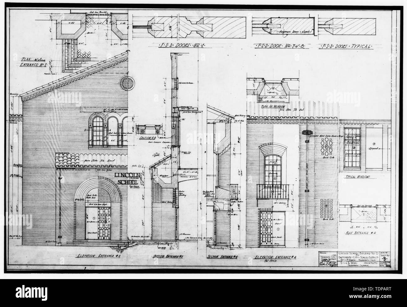 Kopie der Zeichnung (Ort der ursprünglichen unbekannt) Dekan und Studiendekan, Architekten, Dezember 1928 FRONT ELEVATION, Abschnitte - Lincoln School, 418 P Street, Sacramento, Sacramento County, CA Stockfoto