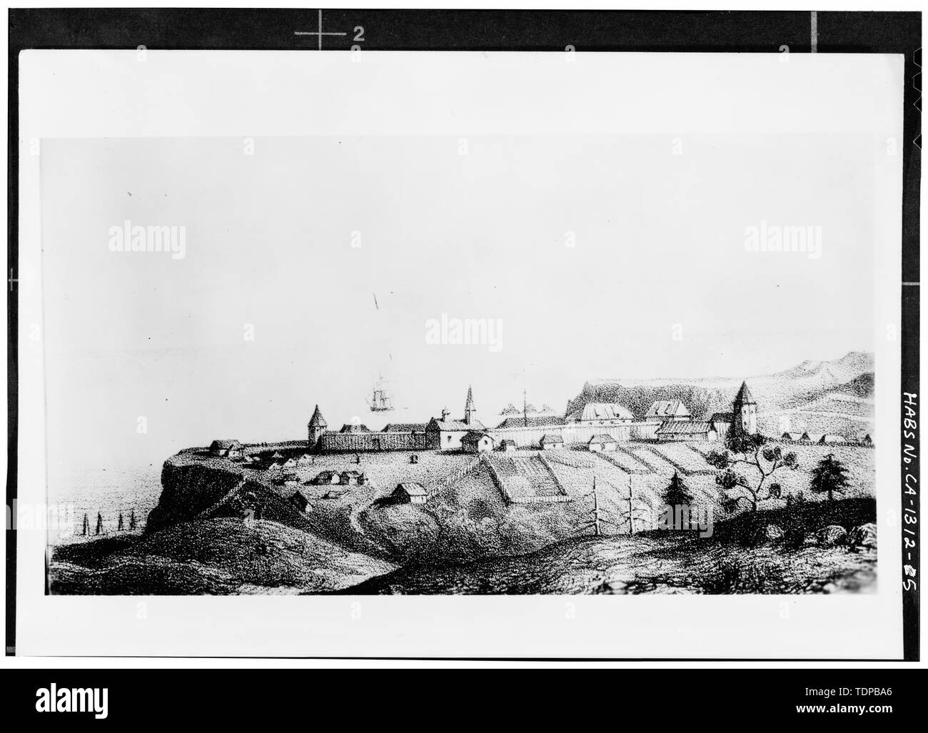 Kopie der Zeichnung (aus der Gesellschaft von Kalifornien Pioniere, vor 1840) Fotograf unbekannt, Datum unbekannt ALLGEMEINE ANSICHT VON FORT, bevor 1840 - Fort Ross, Fort Ross, Sonoma County, CA Stockfoto