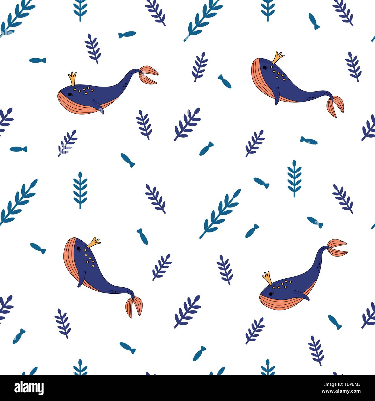 Marine whale Hintergrund handgezeichnete Vektorgrafiken - nahtlose Muster der Blauen Muscheln und Algen. Doodle Stil perfekt für Einladungen, Begrüßung Stock Vektor