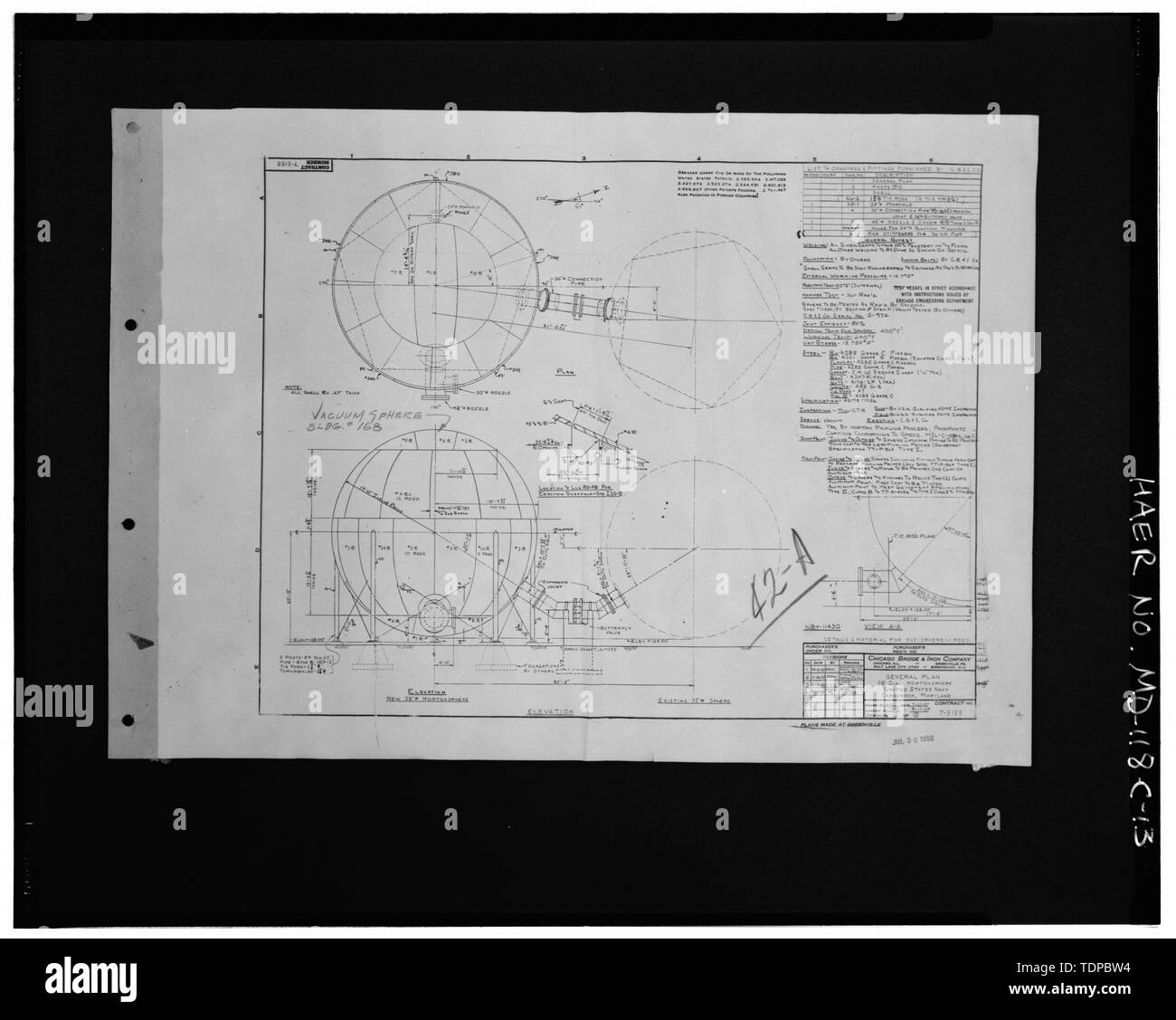 Kopie der Zeichnung (Original im Besitz der Naval Surface Warfare Center Carderock Division, Bethesda, MD) 38 DURCHMESSER HORTONSPERE, allgemeinen Plan, 1957 - Naval Surface Warfare Center, Supersonic Windkanalgebäude, begrenzt von Clara Barton Parkway und McArthur Boulevard, Silver Spring, Montgomery County, MD; US-Navy: R. Christopher Goodwin und Associates, Incorporated, Auftragnehmer; Melhuish, Geoffrey Eden, Projektleiter; Kluge, Harriet, Fotograf Stockfoto