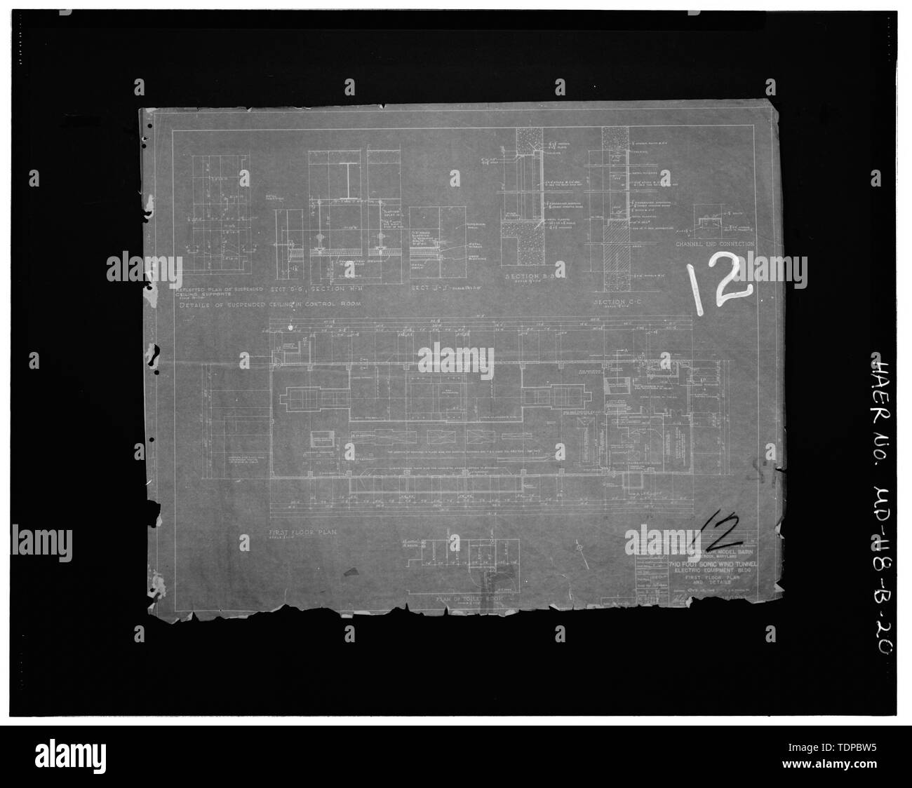 Kopie der Zeichnung (Original im Besitz der Naval Surface Warfare Center Carderock Division, Bethesda, MD) 7 X 10 FUSS SONIC WIND TUNNEL ERSTE GRUNDRISSE UND DETAILS, 1948 - Naval Surface Warfare Center, Transsonischen Windkanal Gebäude, begrenzt von Clara Barton Parkway und McArthur Boulevard, Silver Spring, Montgomery County, MD; US-Navy: R. Christopher Goodwin und Associates, Incorporated, Auftragnehmer; Melhuish, Geoffrey Eden, Projektleiter; Kluge, Harriet, Fotograf Stockfoto