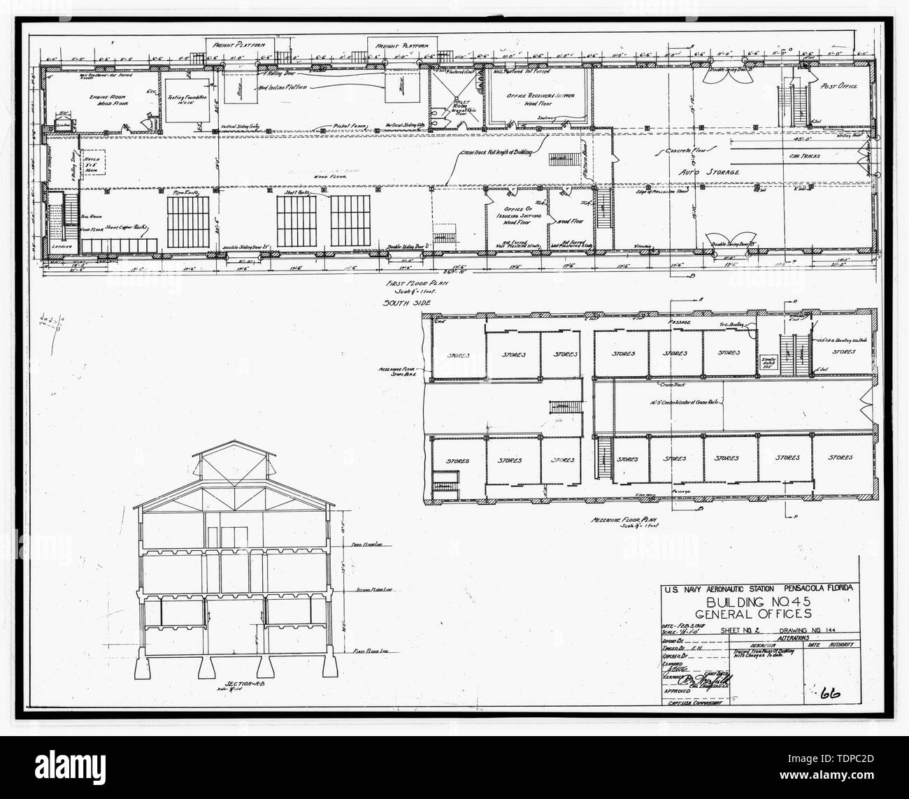 Kopie der Zeichnung (dieses Foto ist ein 8 x 10 Kopieren eines 8 x 10 Negativ; 1918 ursprüngliche architektonische Zeichnung in Gebäude Nr. 458 entfernt, NAS Pensacola, Florida), Gebäude Nr. 45, Allgemeine Büros, Erste und Mezzanine Floor Plan, Blatt Nr. 2 - U.S. Naval Air Station, Ausrüstung Geschäfte und Büros, 206 South Avenue, Pensacola, Escambia County, FL Stockfoto