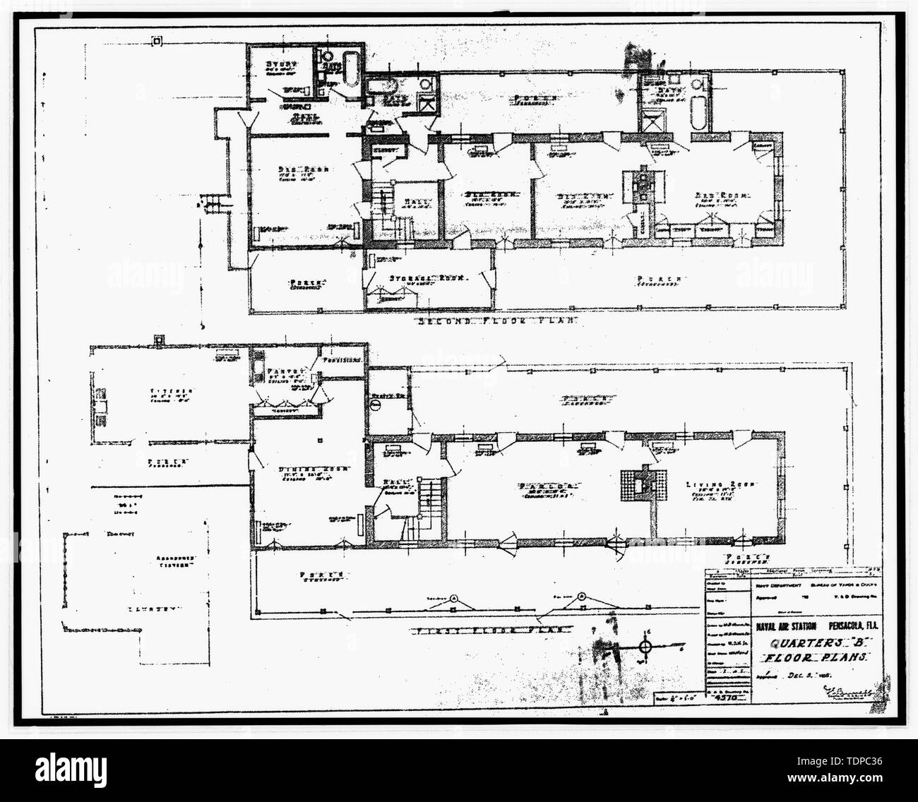 Kopie der Zeichnung (dieses Foto ist ein 8 x 10 Kopieren eines 8 x 10 Negativ; 1935 original NARA) Quartale B Grundrisse, Blatt 1 von 1 - U.S. Naval Air Station, Senior Officers' Quarters Q-4, Q-4 North Avenue, Pensacola, Escambia County, FL Stockfoto