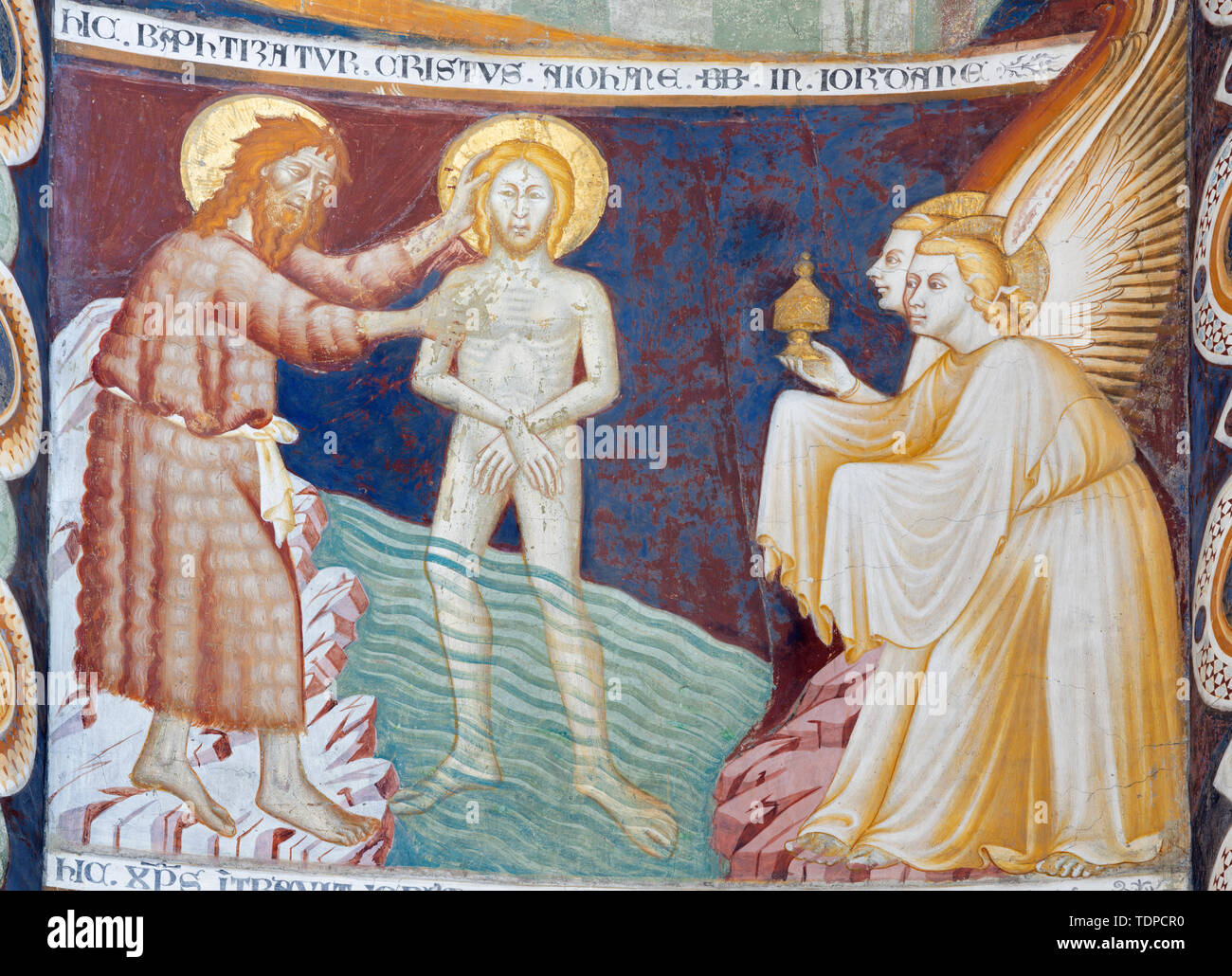 COMO, ITALIEN - 9. Mai 2015: Die alten Fresken der verraten Jesu mit dem Judas kiss in der Kirche Basilica di San Abbondio. Stockfoto