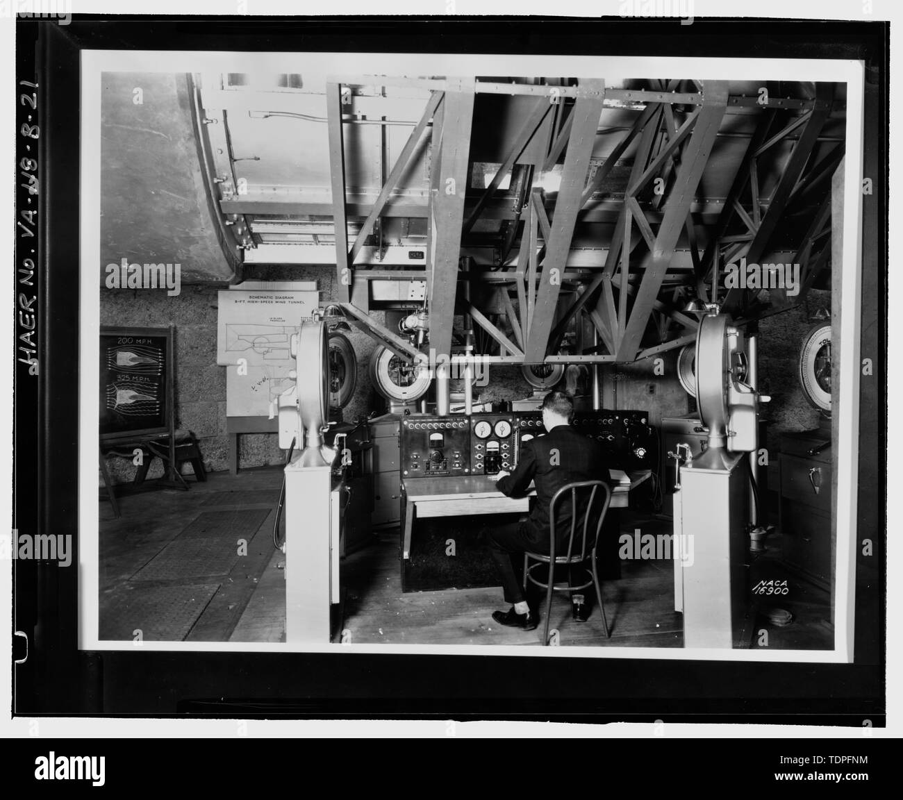 (Original im Langley Research Center, Hampton, VA (LaRC)) (NACA 16900) DETAILANSICHT VON CONTROL-MONITORING STATION IN 8-FUSS HOHE GESCHWINDIGKEIT WINDKANAL, C. 1930er Jahre. - Die NASA Langley Research Center, 8 Fuß hohe Geschwindigkeit Windkanal, 641 Thornell Avenue, Hampton, Hampton, VA; Wang, Charissa Y, Feld Mannschaft; Durst, Donald M, Feld Mannschaft; Herrin, Dekan ein, Projektleiter; Lowe, Jet, Fotograf; Hardlines: Gestaltung und Abgrenzung, delineator; Stewart, Robert C, Historiker Stockfoto