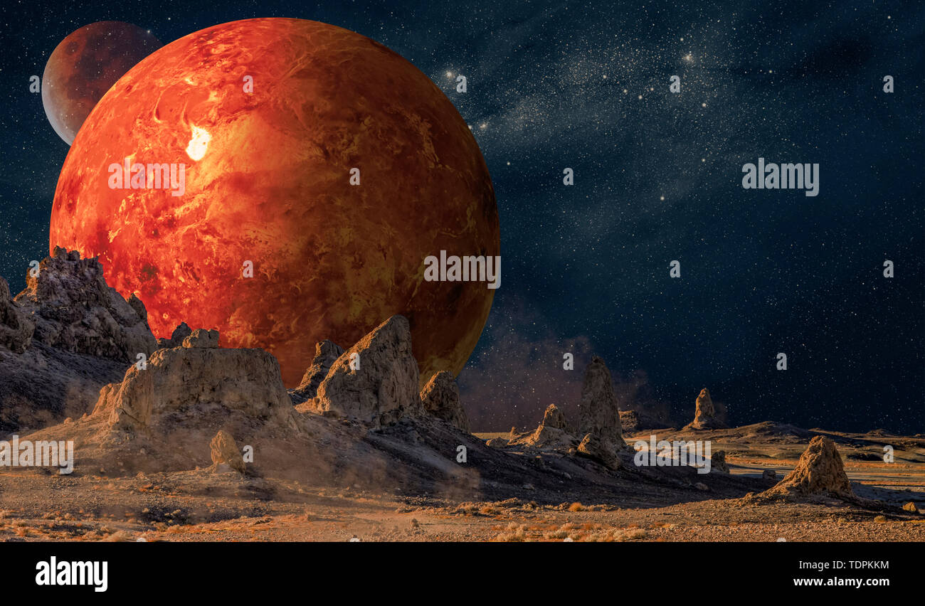 Anzeigen von Venus und Mond von der Oberfläche des Mars, ein zusammengesetztes Bild Stockfoto