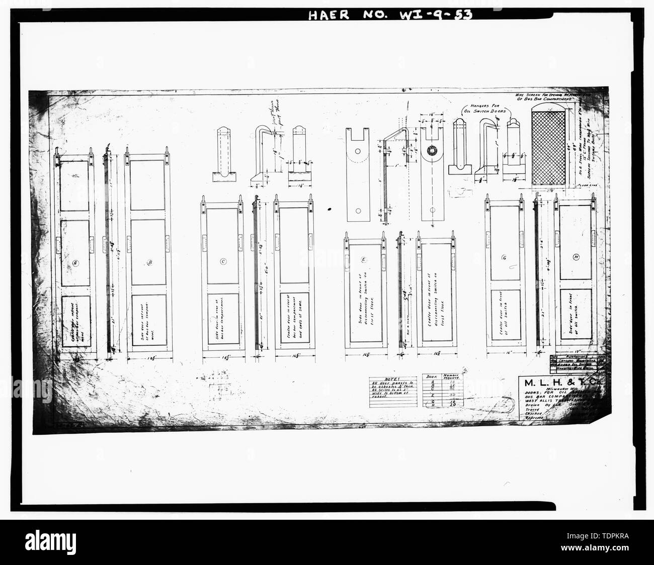 Kopie der Pläne. Verfasser unbekannt, 1909 ÖL WECHSELN UND BUS BAR TÜREN - Milwaukee Licht, Wärme und Traction Company, 8335 West Lapham Street, West Allis, Milwaukee County, WI; Villard, Henry Stockfoto