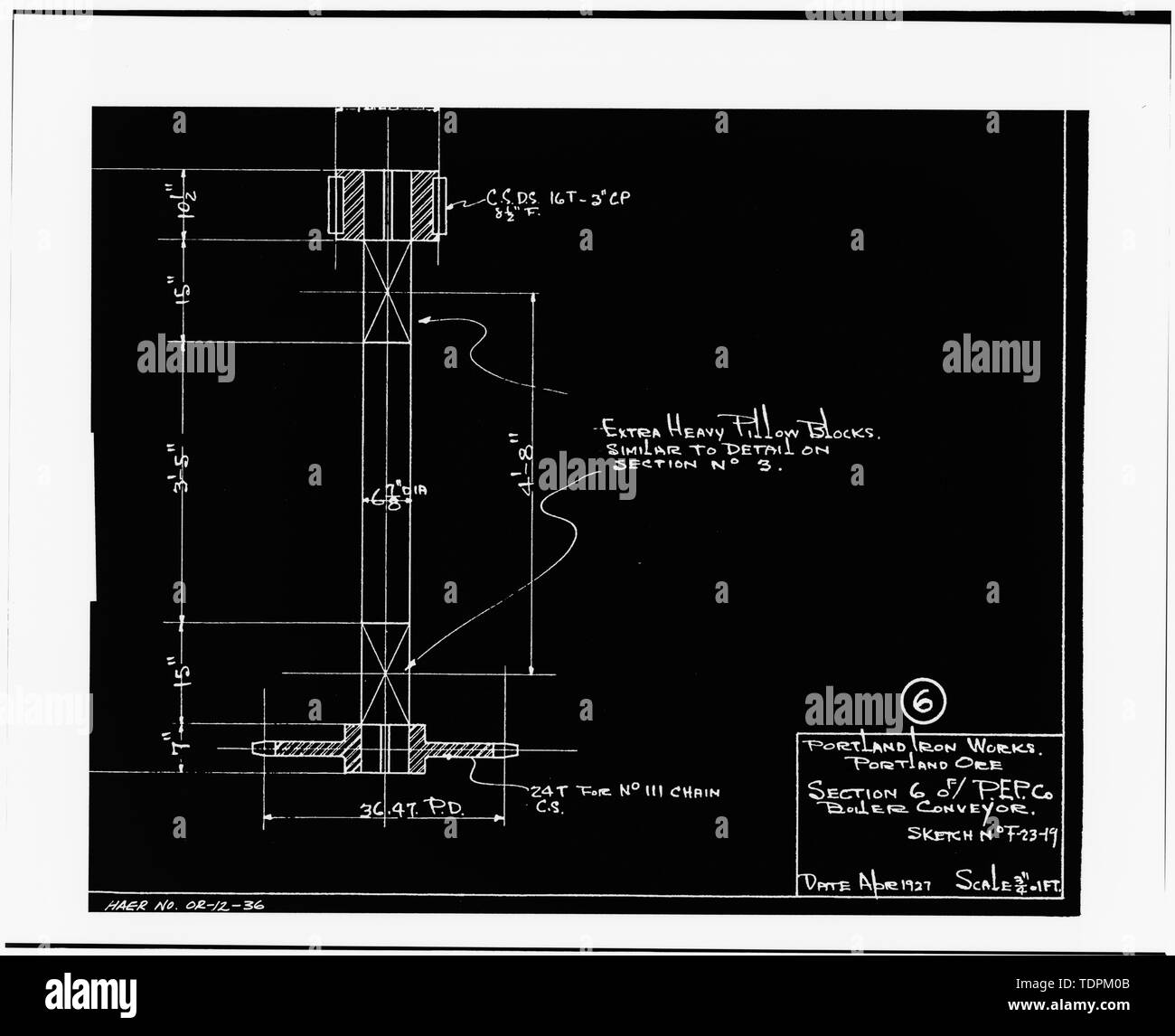 Fotokopie der Maßzeichnung (von Station "L'Office Dateien, Portland, Oregon) Portland Iron Works, Auftragnehmer, 1927 ABSCHNITT 6 DER FÖRDERER, DER SERVICE KESSEL ÖFEN - Portland General Electric Company, Station L, 1841 Southeast Water Street, Portland, Multnomah County, ODER INSTALLIERT Stockfoto