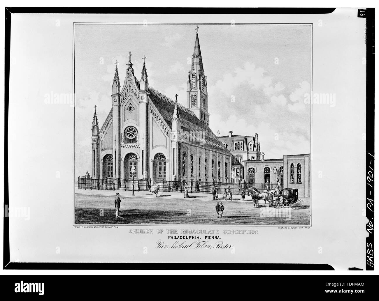 Fotokopie - CA. 1880 Lithographie zeigt AUSSENANSICHT DER KIRCHE, aus der Sammlung des amerikanischen katholischen Historischen Gesellschaft. Verwenden Sie bitte die folgende Zeile - amerikanischen katholischen Historische Gesellschaft Ryan Memorial Library historische Sammlungen St. Charles Seminary Overbrook, Philadelphia, Pa19151 - Kirche der Unbefleckten Empfängnis, 1020 North Front Street, Philadelphia, Philadelphia County, PA Stockfoto