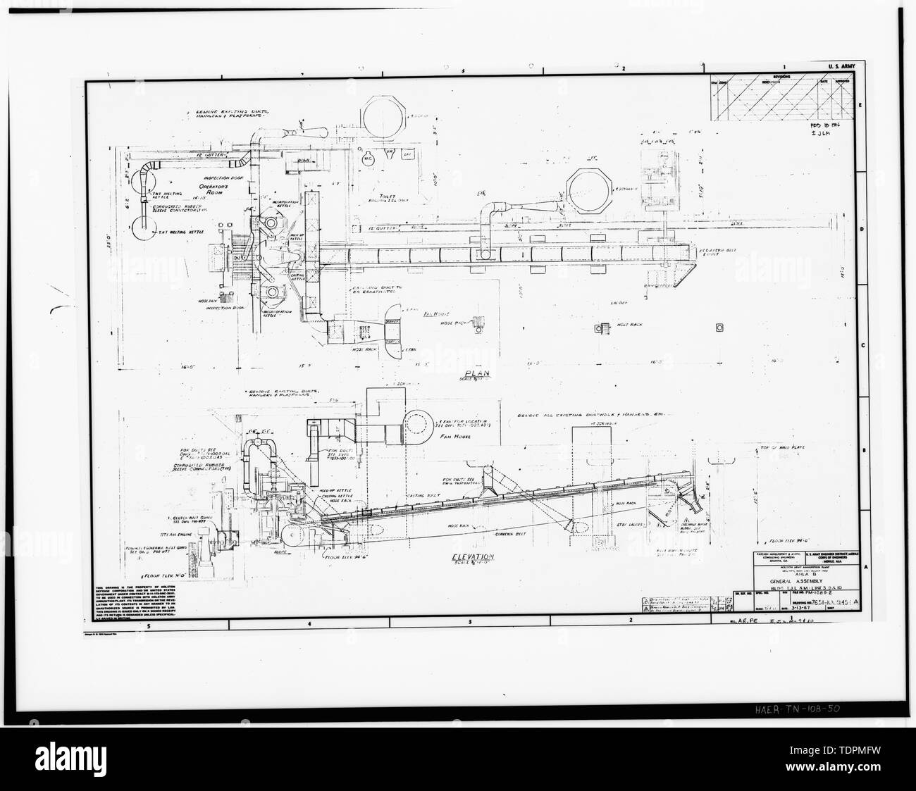 Foto einer Strichzeichnung. "Der Bereich B, GENERALVERSAMMLUNG, Gebäude I, J, L, und M-Linien 9 und 10. "holston Army Ammunition Plant. März 13, 1967; Überarbeitet November 15, 1967, 3. Januar 1968. Delineator - Unbekannt. Zeichnung - 7651-1009. 454. - Holston Army Ammunition Plant, RDX-und-Komposition - B Fertigung Linie 9, Kingsport, Sullivan County, TN; Bachmann, Werner E; Tennessee Eastman Corporation; US-Armee; National Defense Research Committee; Fraser-Brace Unternehmen; Charles T. Main eingearbeitet; US-Armee Korps der Ingenieure; Holston Verteidigung Corporat Stockfoto