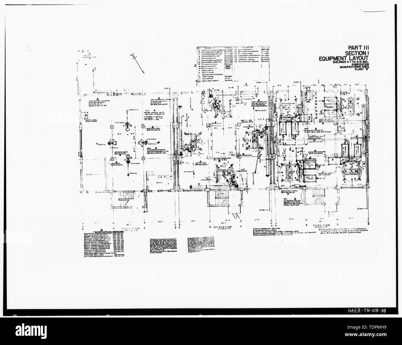 Foto einer Strichzeichnung. "Teil III, Abschnitt 1, AUSRÜSTUNG LAYOUT,  Gebäude G-1, G-10 INKL., REINIGUNG, FERTIGUNG, PLAN 'B'." Von der US-Armee  Korps der Ingenieure. Industrieanlagen Bestand, Holston Ordnance arbeitet,  Kingsport, Tennessee. Anlage B,