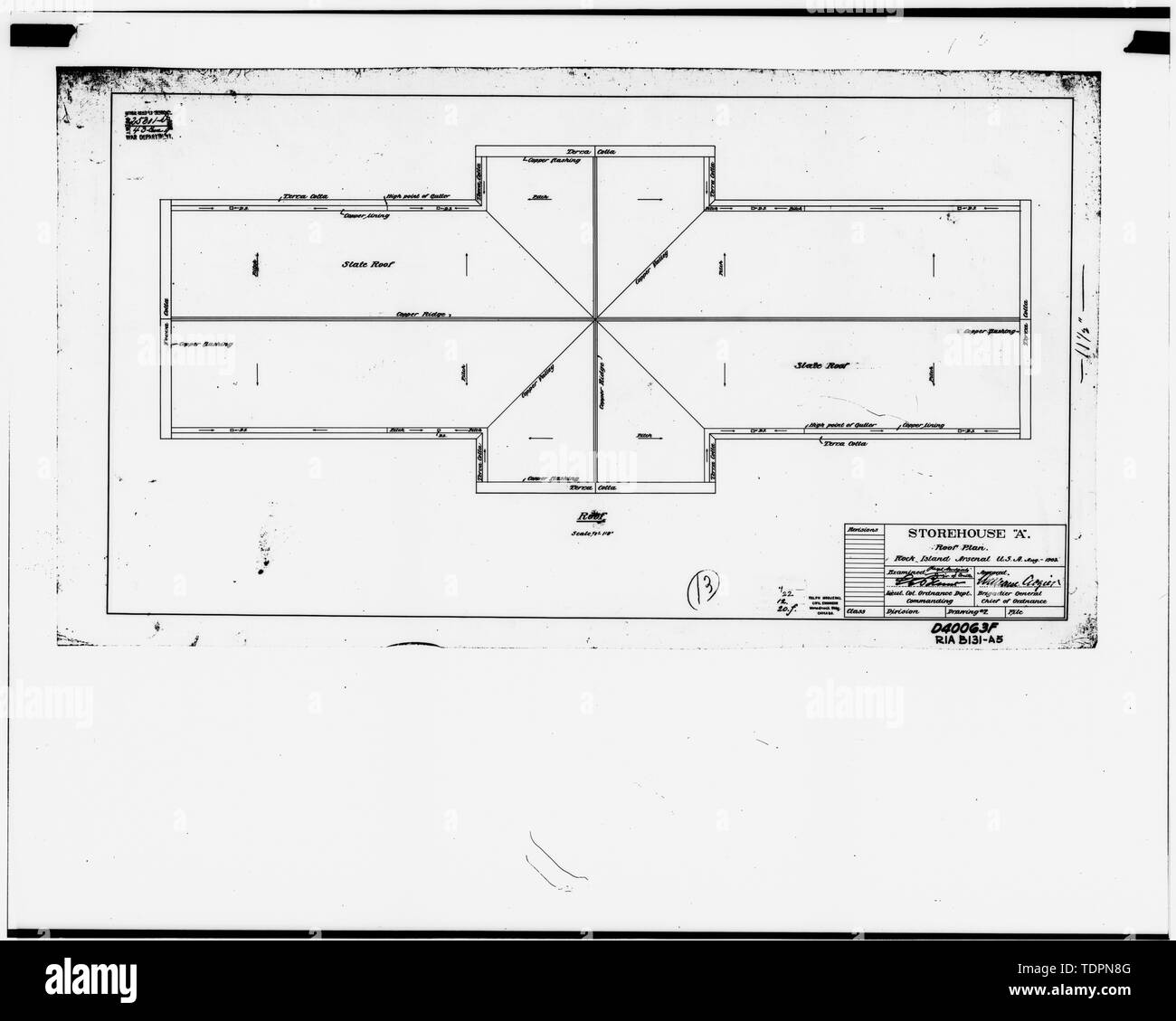 Foto von Zeichnung in Besitz von Engineering plant und Services Division, Rock Island Arsenal. Dach PLAN, 1903. Architekt - RALPH MODJESKI. - Rock Island Arsenal, Gebäude Nr. 131, South Avenue zwischen Gillespie Allee und an der zweiten Straße, Rock Island, Rock Island County, IL;, Ralph Modjeski Stockfoto