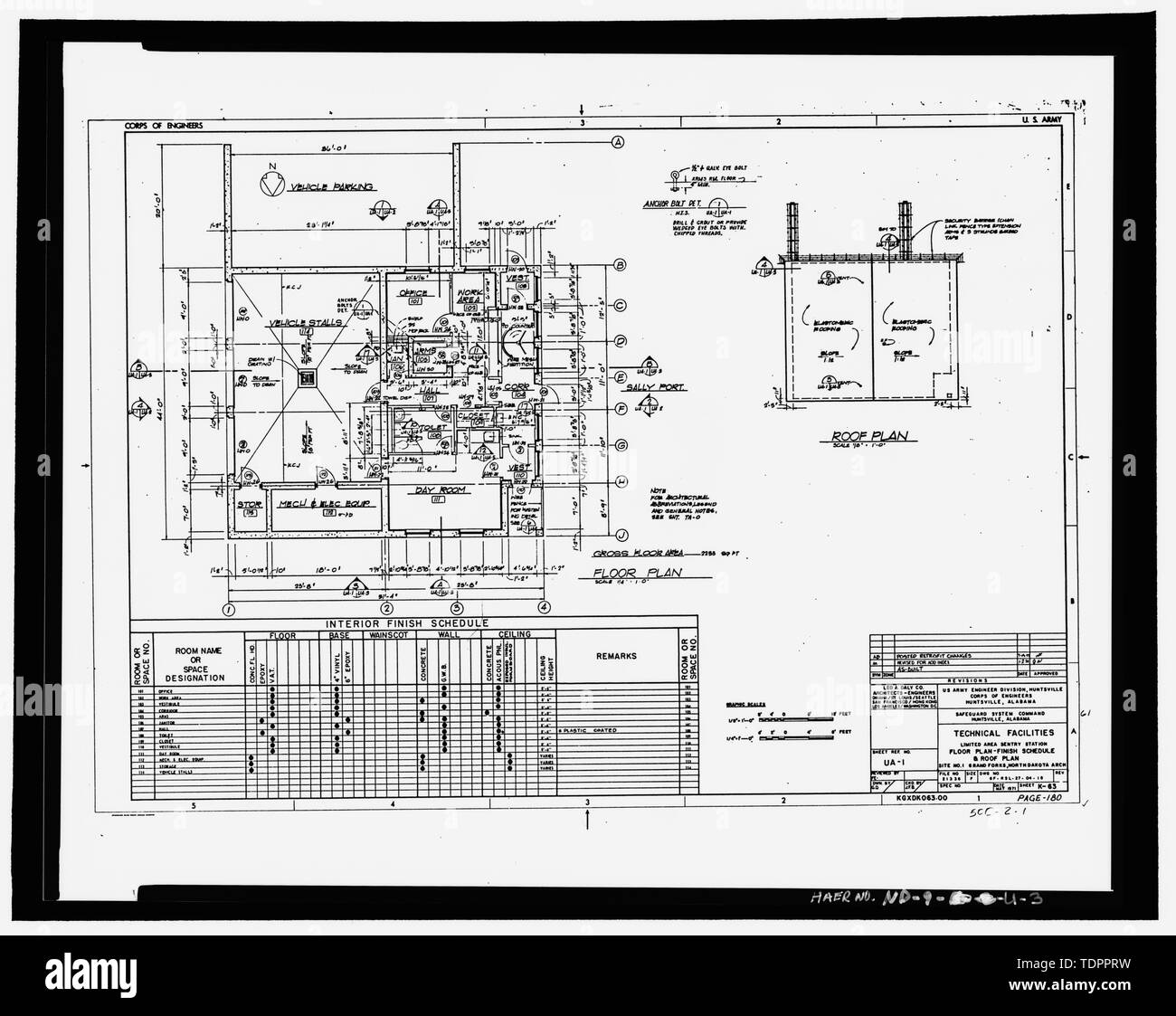 Fotografische Kopie von Original Design zeichnen, vom Mai 1971, überarbeitet am 1. Mai 1974 (original Armee operative Zeichnung in den Besitz der US-Armee Korps der Ingenieure, Huntsville Abteilung). Grundriss und Zeitpläne - Stanley R. Mickelsen sichern Komplexe, begrenzten Bereich Sentry Station, zwischen Straße und Kolonnenweg, Schüller, Cavalier County, ND Stockfoto