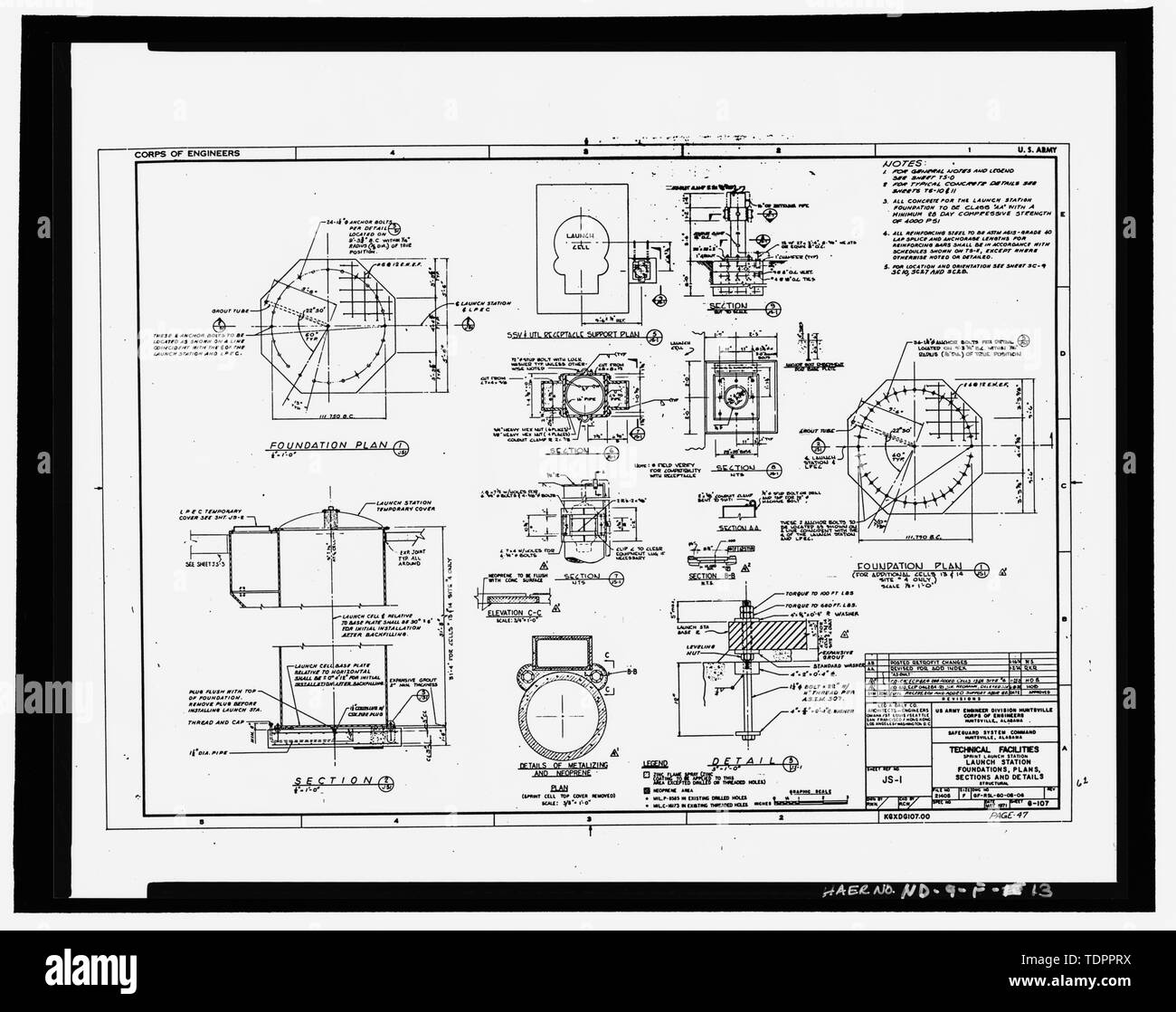 Fotografische Kopie von Original Design zeichnen, vom Mai 1971, überarbeitet am 16. April 1974 (original Armee operative Zeichnung in den Besitz der US-Armee Korps der Ingenieure, Huntsville Abteilung). Sprint Start Station und Antenne Foundation, Pläne, Abschnitt Details - Stanley R. Mickelsen sichern Komplexe, Raketen starten, in Ausgrenzung, Schüller, Cavalier County, ND Stockfoto
