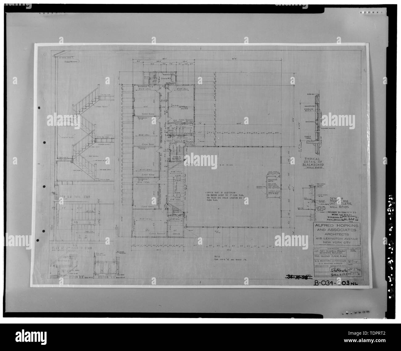 Fotografische Kopie der zweiten Grundriss der Bowditch, Halle, Alfred Hopkins und Associates, 1943. Zeichnung bei Hausmeister Site Office, Naval Undersea Warfare Center, New London. Copyright-frei. - Naval Undersea Warfare Center, Bowditch Hall, 600 Meter östlich von Smith Street und 350 Fuß südlich der Columbia Cove, West Bank von Thames River, New London, New London County, CT Stockfoto