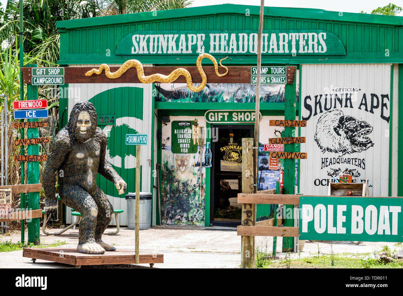 Florida Ochopee Everglades Tamiami Trail, Skunkape Skunk Ape Research Headquarters vor dem Eingang, Attraktion am Straßenrand Fabelwesen Skulptur, Stockfoto
