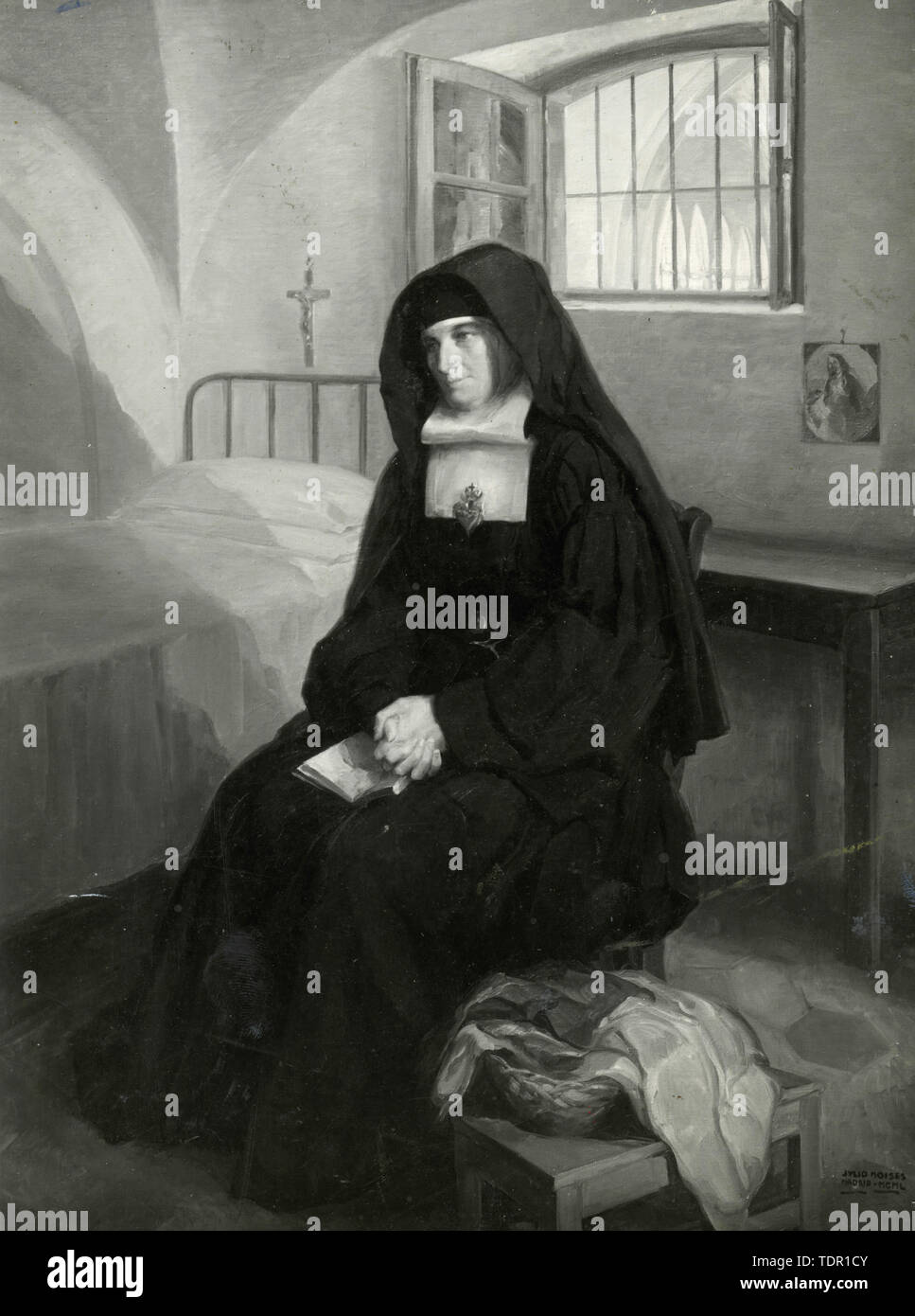 Porträt einer katholischen Nonne in ihr Zimmer, Gemälde von Guido Greganti 1950 s Stockfoto