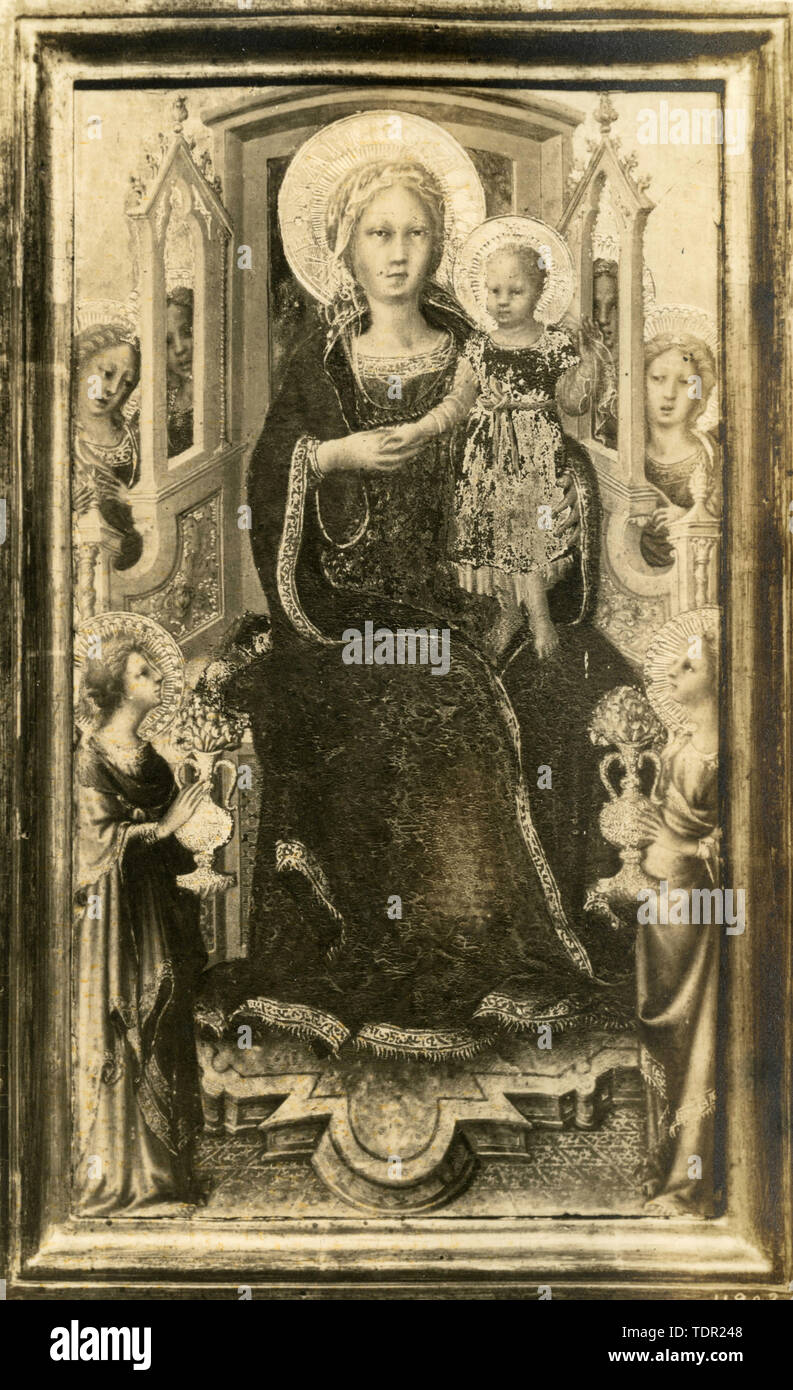 Die Jungfrau und Kind auf dem Thron mit Engel, Teil eines Diptychons, Gemälde von Arcangelo di Cola da Camerino Stockfoto