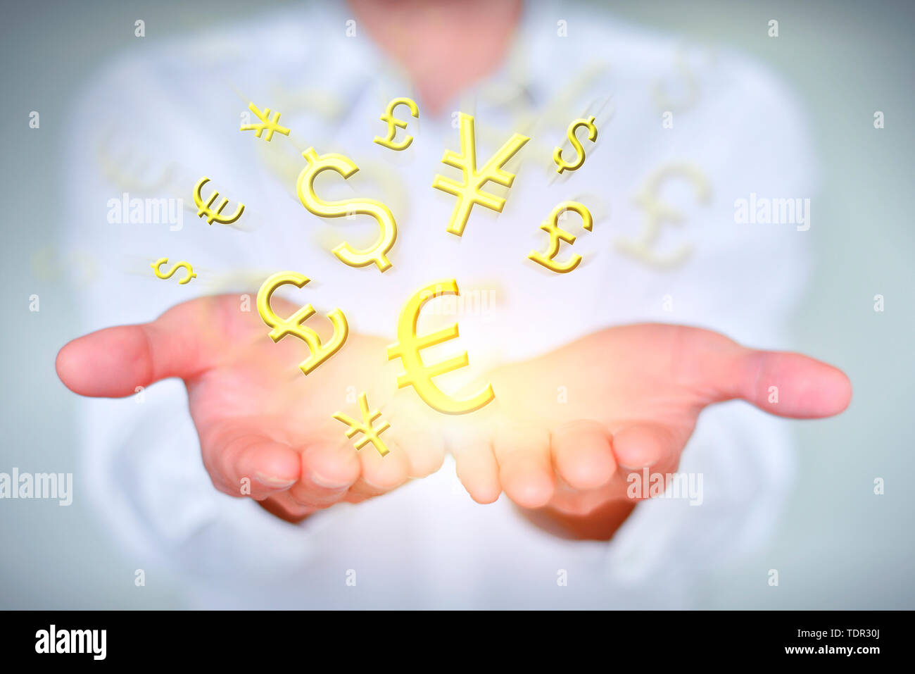 Close-up Geschäftsmann mit Geld Symbol in der Luft schweben Stockfoto