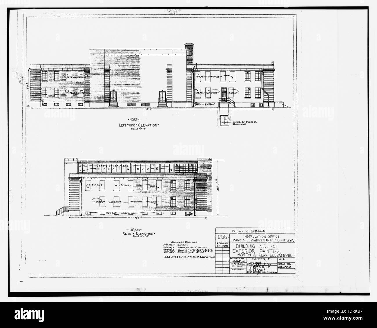 Fotografische Kopie der Konstruktionszeichnung, ZB. Warren Air Force Base Installation Office, Ca. 1955 (original Drucken bei Z.B. entfernt Warren Air Force Base Archive, Cheyenne, Wyoming). Norden und Osten Erhöhungen. - Fort David A. Russell, Sporthalle, Randall Avenue zwischen der Vierten und Fünften Straßen, Cheyenne, Laramie County, WY; US-Verteidigungsministerium; Abteilung der Luftwaffe; Öffentliche Verwaltung; Arbeit Projekte Verwaltung; U.S.-Army Quartermaster General's Office; Fraserdesign, Auftragnehmer; Wegman-French, Lysa, Sender; Fraser, Clayton B, Fotograf Stockfoto