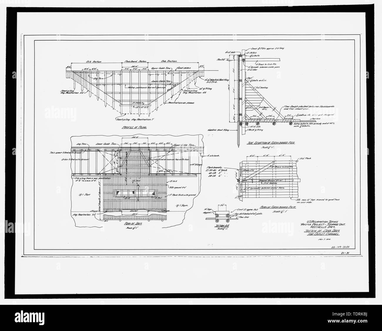 Fotografische Kopie der Konstruktionszeichnung, US-Reklamation Service, 7. November 1914 (Original Zeichnung an US-Büro der Reklamation oberen Columbia Bereich Büro, Yakima, im Bundesstaat Washington). Keechelus Dam-Skizze der Krippe-damm für Ausgang Kanal. - Keechelus Dam, Yakima Fluss, 10 km nordwestlich von Easton, Easton, Kittitas County, WA; US-Büro der Reklamation; Edel, T A; Charles, L J; Swigart, Charles H; Baldwin, E H; Crownover, C E; Fraserdesign, Auftragnehmer; Louter, David, Sender; Fraser, Clayton B, Fotograf Stockfoto