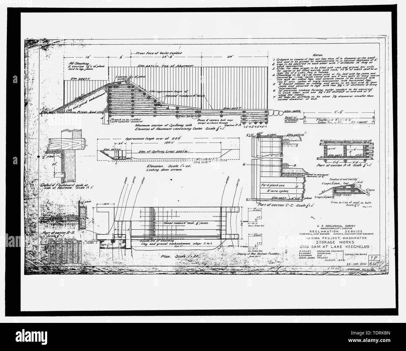 Fotografische Kopie der Konstruktionszeichnung, US-Reklamation Service, August 1906 (Original Zeichnung an US-Büro der Reklamation oberen Columbia Bereich Büro, Yakima, im Bundesstaat Washington). Krippe-damm am See Keechelus. - Keechelus Dam, Yakima Fluss, 10 km nordwestlich von Easton, Easton, Kittitas County, WA; US-Büro der Reklamation; Edel, T A; Charles, L J; Swigart, Charles H; Baldwin, E H; Crownover, C E; Fraserdesign, Auftragnehmer; Louter, David, Sender; Fraser, Clayton B, Fotograf Stockfoto