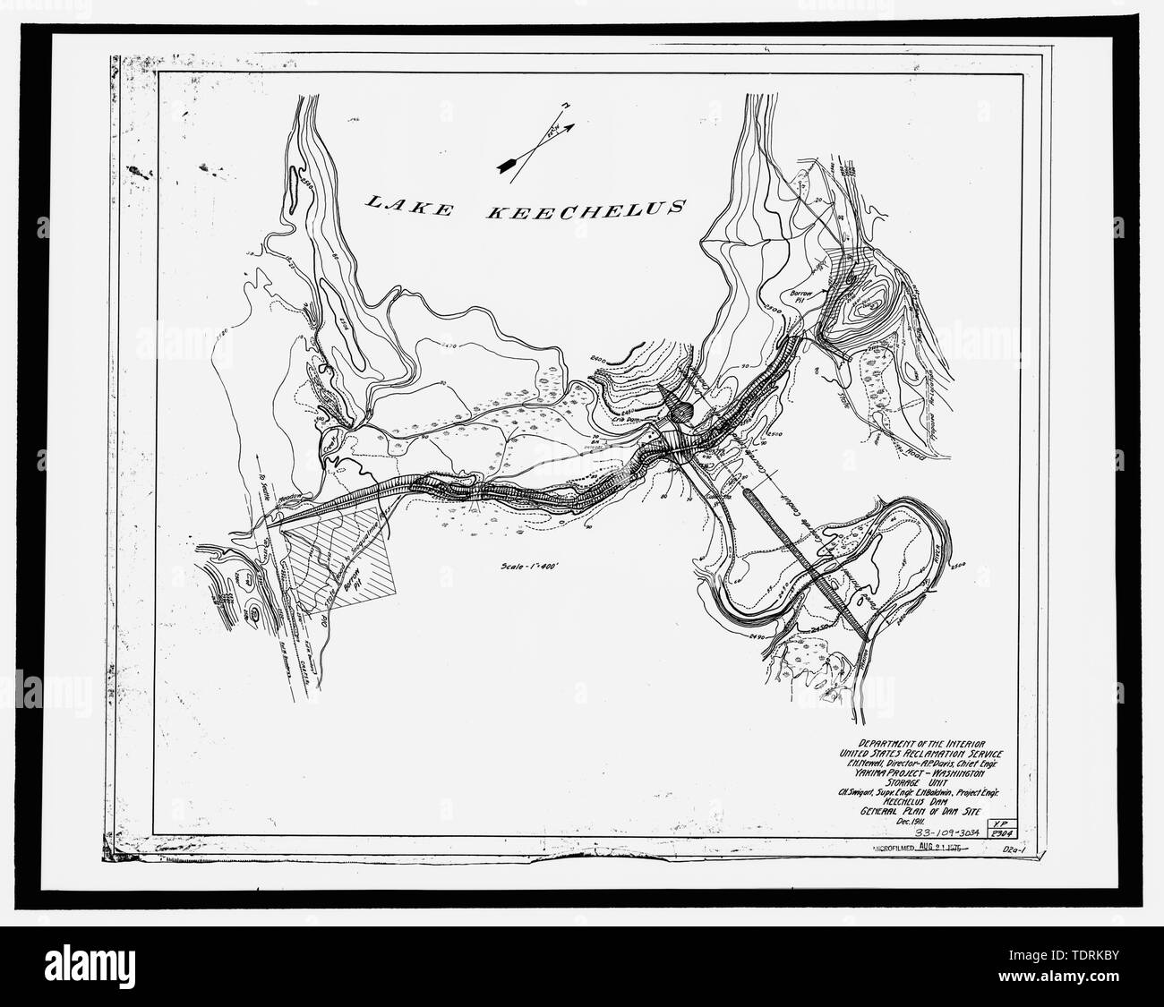 Fotografische Kopie der Konstruktionszeichnung, US-Reklamation Service, Dezember 1911 (Original Zeichnung an US-Büro der Reklamation oberen Columbia Bereich Büro, Yakima, im Bundesstaat Washington). Keechelus Dam-allgemeinen Plan von Dam site. - Keechelus Dam, Yakima Fluss, 10 km nordwestlich von Easton, Easton, Kittitas County, WA; US-Büro der Reklamation; Edel, T A; Charles, L J; Swigart, Charles H; Baldwin, E H; Crownover, C E; Fraserdesign, Auftragnehmer; Louter, David, Sender; Fraser, Clayton B, Fotograf Stockfoto