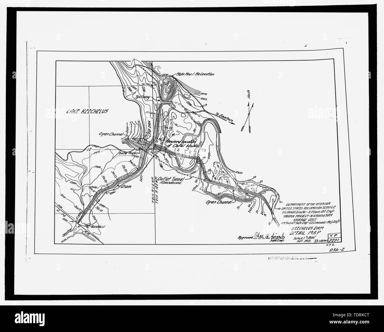 Fotografische Kopie der Konstruktionszeichnung, US-Reklamation Service, Oktober 1912 (Original Zeichnung an US-Büro der Reklamation oberen Columbia Bereich Büro, Yakima, im Bundesstaat Washington). Keechelus Dam - Detail Map. - Keechelus Dam, Auslass kanal, Yakim Fluss, 10 km nordwestlich von Easton, Easton, Kittitas County, WA; Fraserdesign, Auftragnehmer; Fraser, Clayton B, Fotograf; Wilson, J Thomas, Fotograf Stockfoto
