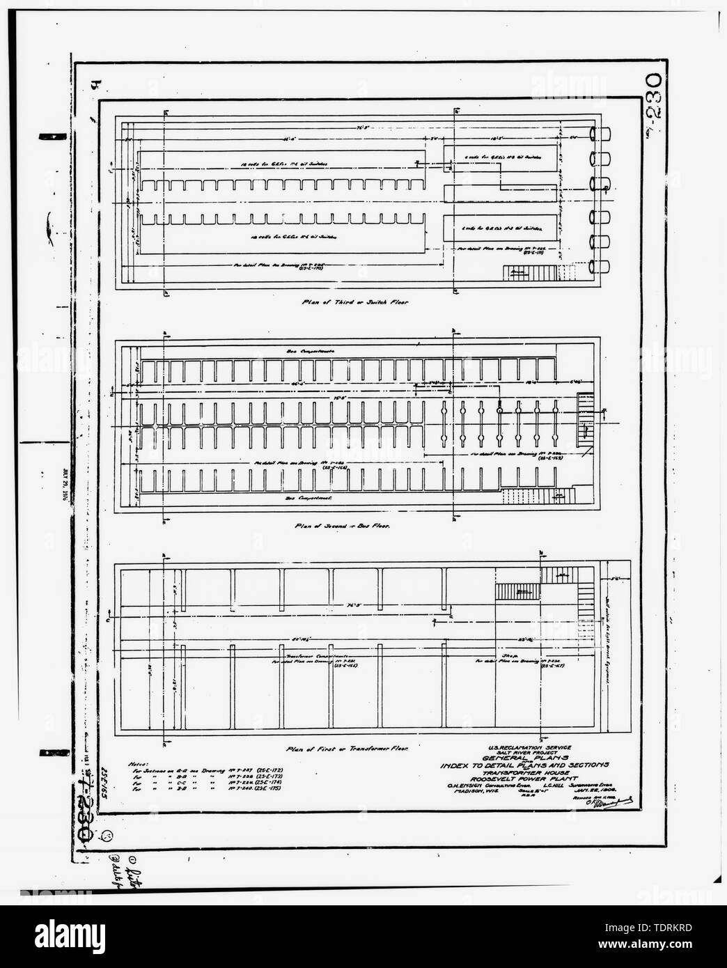 Fotografische Kopie der Zeichnung vom 22. Januar 1908 (Quelle - Salt River Project) allgemeine Pläne, Index zum Detail Pläne und Abschnitte, trafohaus - Theodore Roosevelt Dam, Trafohaus, Salt River, Tortilla Flat, Maricopa County, AZ Stockfoto