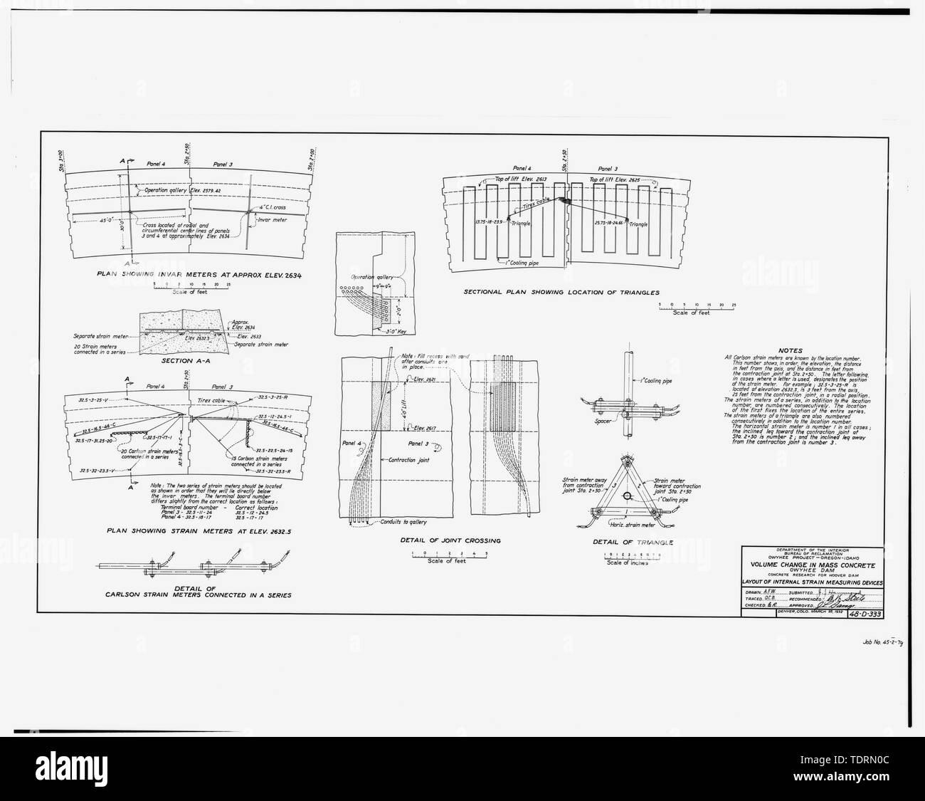 Fotografische Kopie der ursprünglichen Konstruktion Zeichnung vom 28. März 1932 (aus Gruppe 115, Denver Filiale der National Archives, Denver). Ändern der Lautstärke IN DER MASSE BETON; OWYHEE DAM KONKRETE FORSCHUNG FÜR HOOVER DAM; LAYOUT DER INTERNEN BELASTUNG MESSGERÄTE. - Owyhee Dam, über Owyhee Fluss, Nyssa, Malheur County, ODER Stockfoto