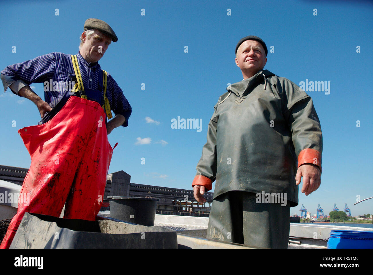 Fischermen auf einem Boot auf der Elbe im Hamburger Hafen, Deutschland, Hamburg Stockfoto