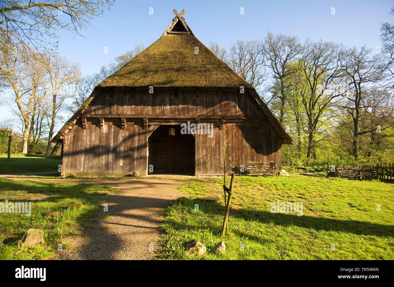 Altes Bauernhaus mit Reetdach in einem Freilichtmuseum, Deutschland, Niedersachsen, Lüneburger Heide, Wilsede Stockfoto