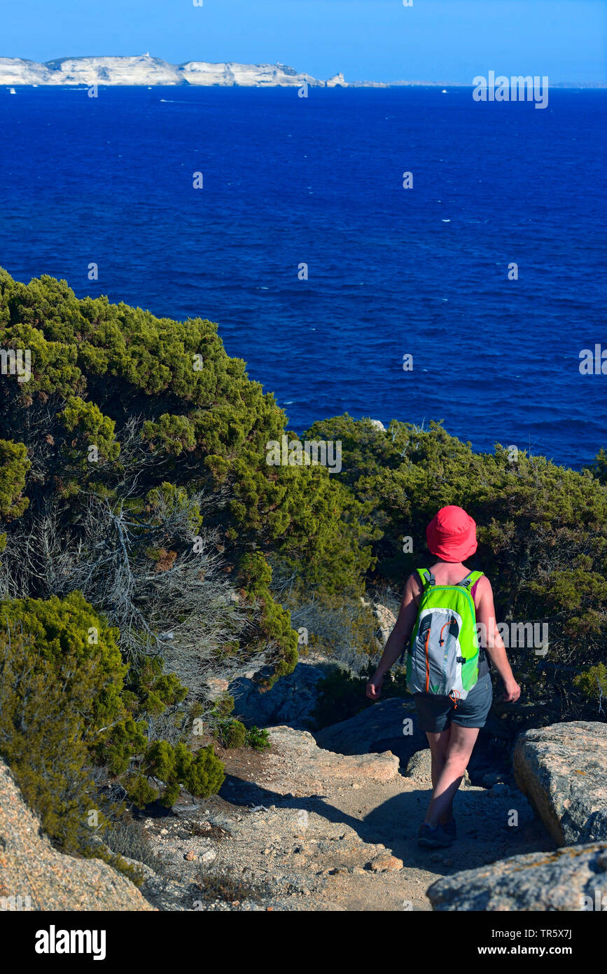 Trek im Südwesten der Insel Korsika in der Nähe des Strandes von Paraguano und die Stadt Bonifacio, Frankreich, Korsika, Bonifacio Stockfoto