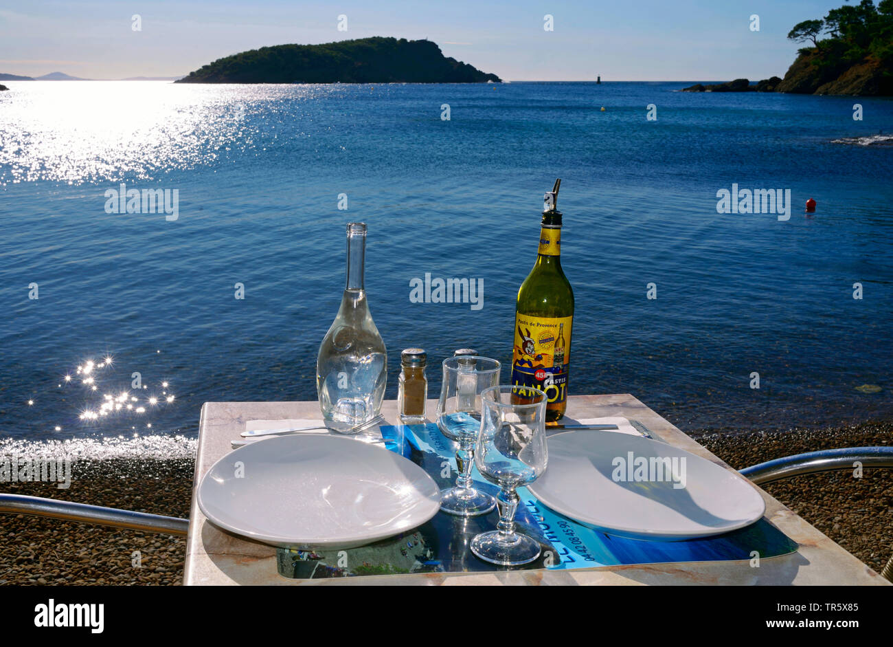 Restaurant am Strand von Mugel in La Ciotat, Frankreich, Provence, La Ciotat Stockfoto