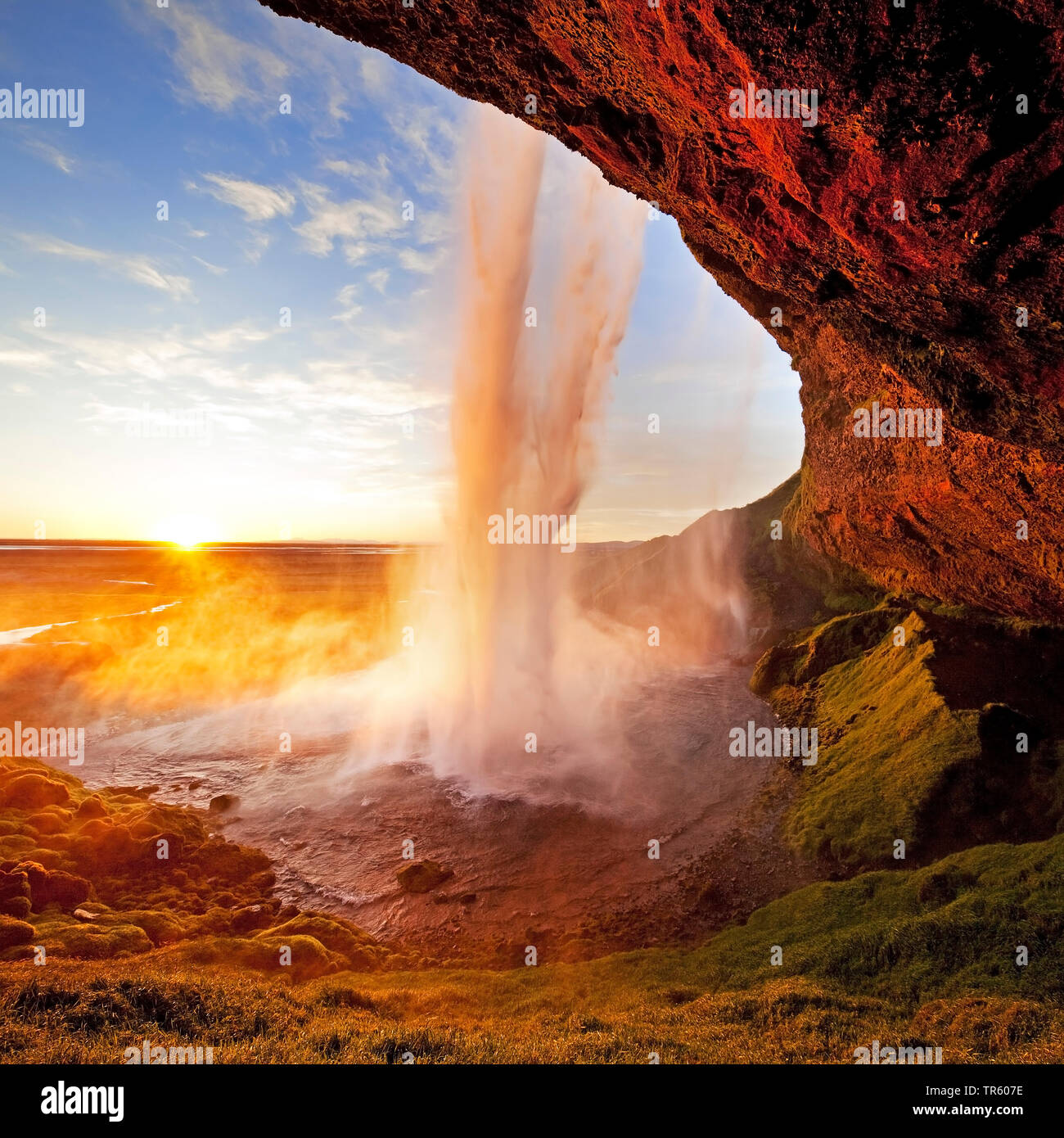 Wasserfall Seljalandsfoss, Hintergrundbeleuchtung, Fluss Seljalandsa, in der Abendsonne, Island, South Island, Seljalndsfoss Stockfoto