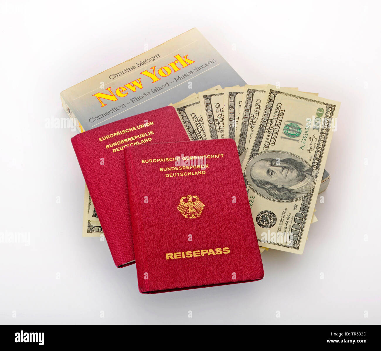 Id Karten und Reiseführern mit Dollarnoten, Deutschland Stockfoto