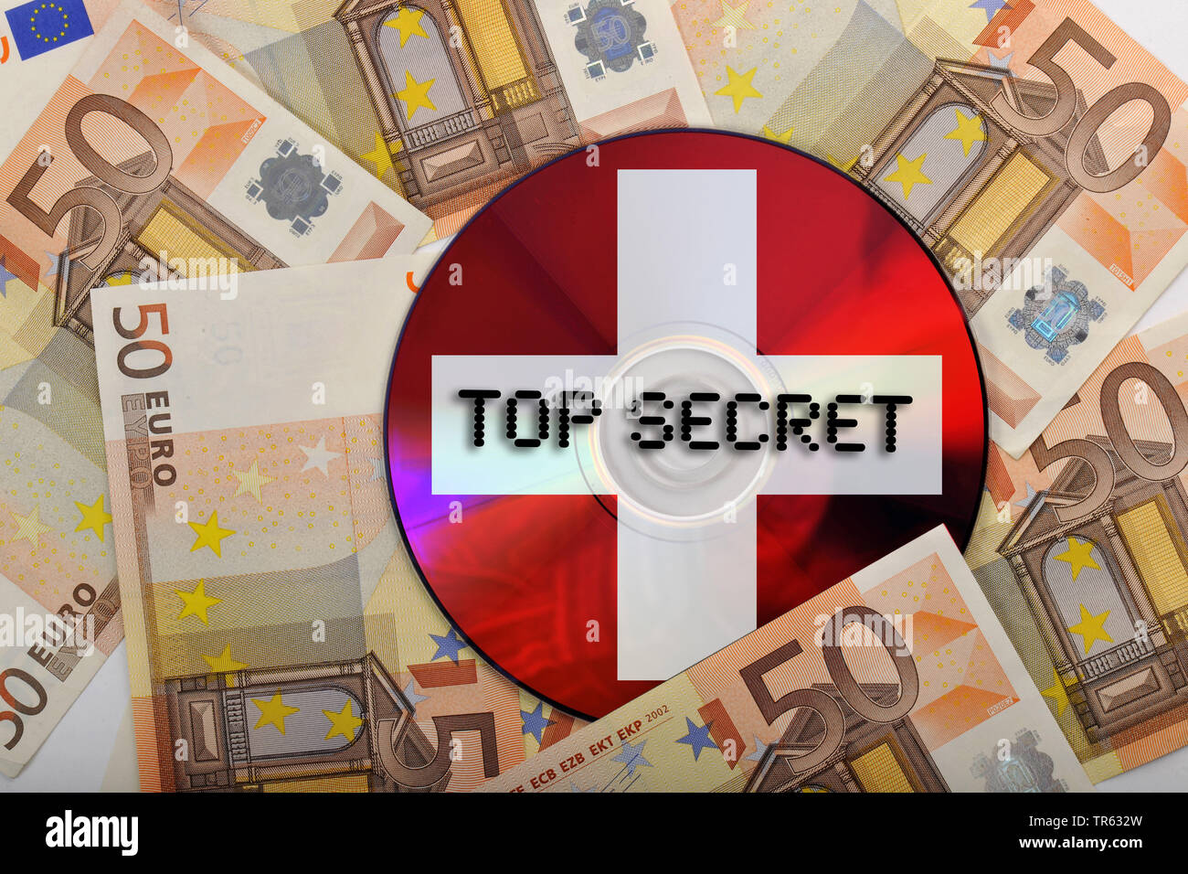 CD mit Suisse Kreuz, lable Top Secret, und Euro-scheine, Suisse Bankkonto, Schweiz Stockfoto