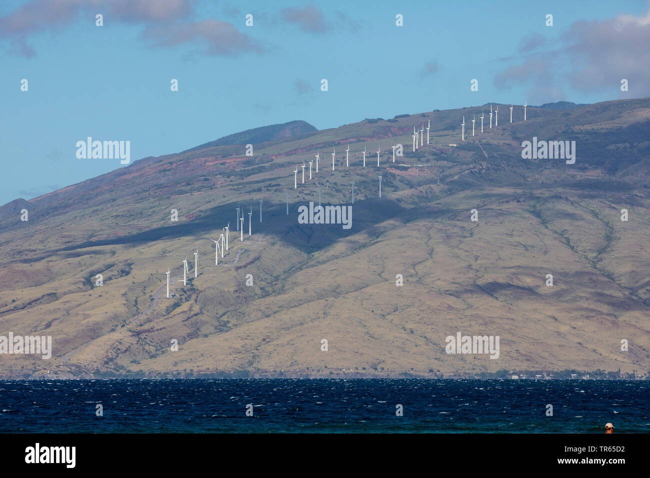 Windpark am Berghang, USA, Hawaii, Maui, Maalaea Stockfoto