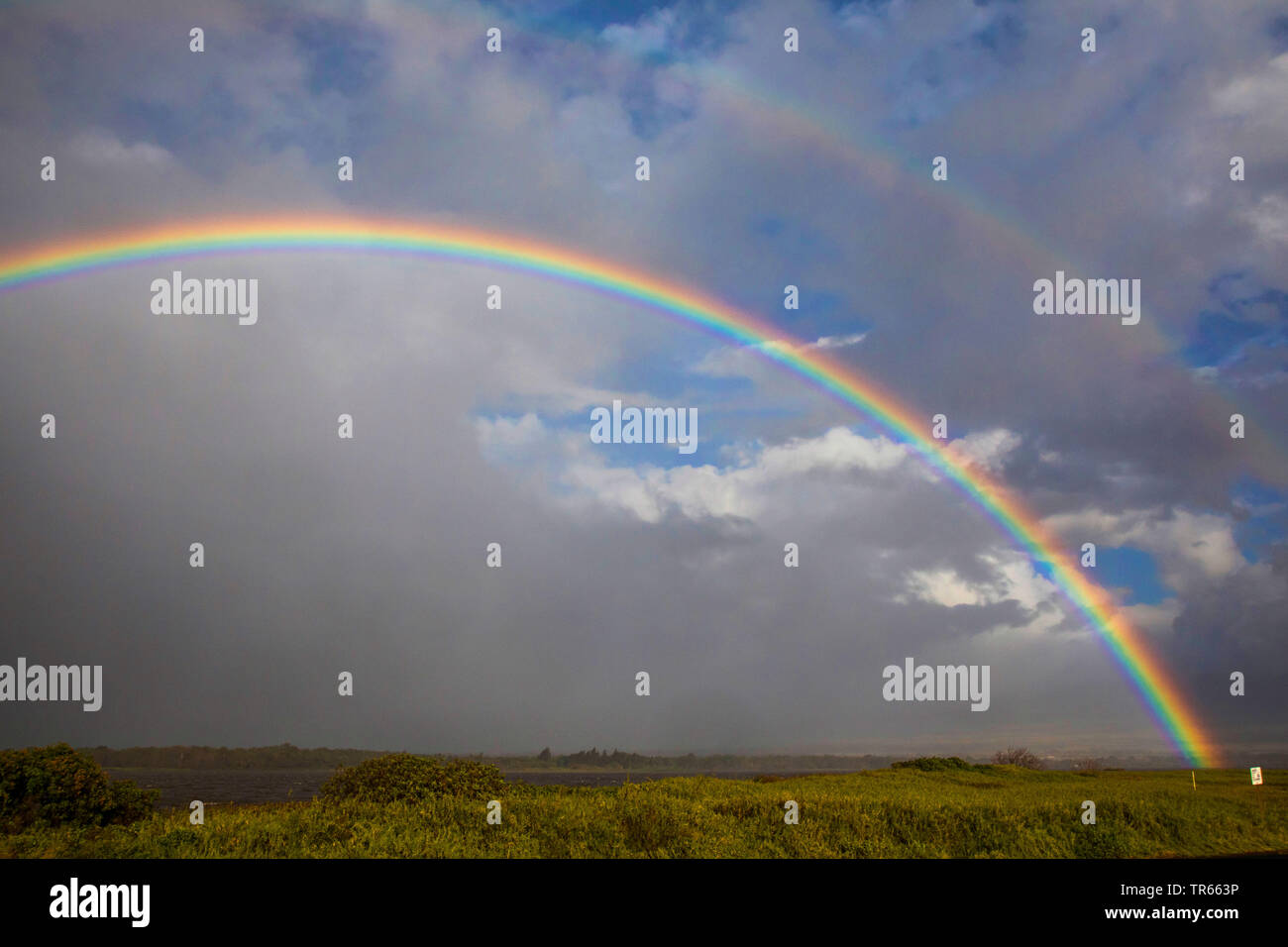 Rain cloud und doppelten Regenbogen über Salt Lake, USA, Hawaii, Kealia Pond, Kihei Stockfoto