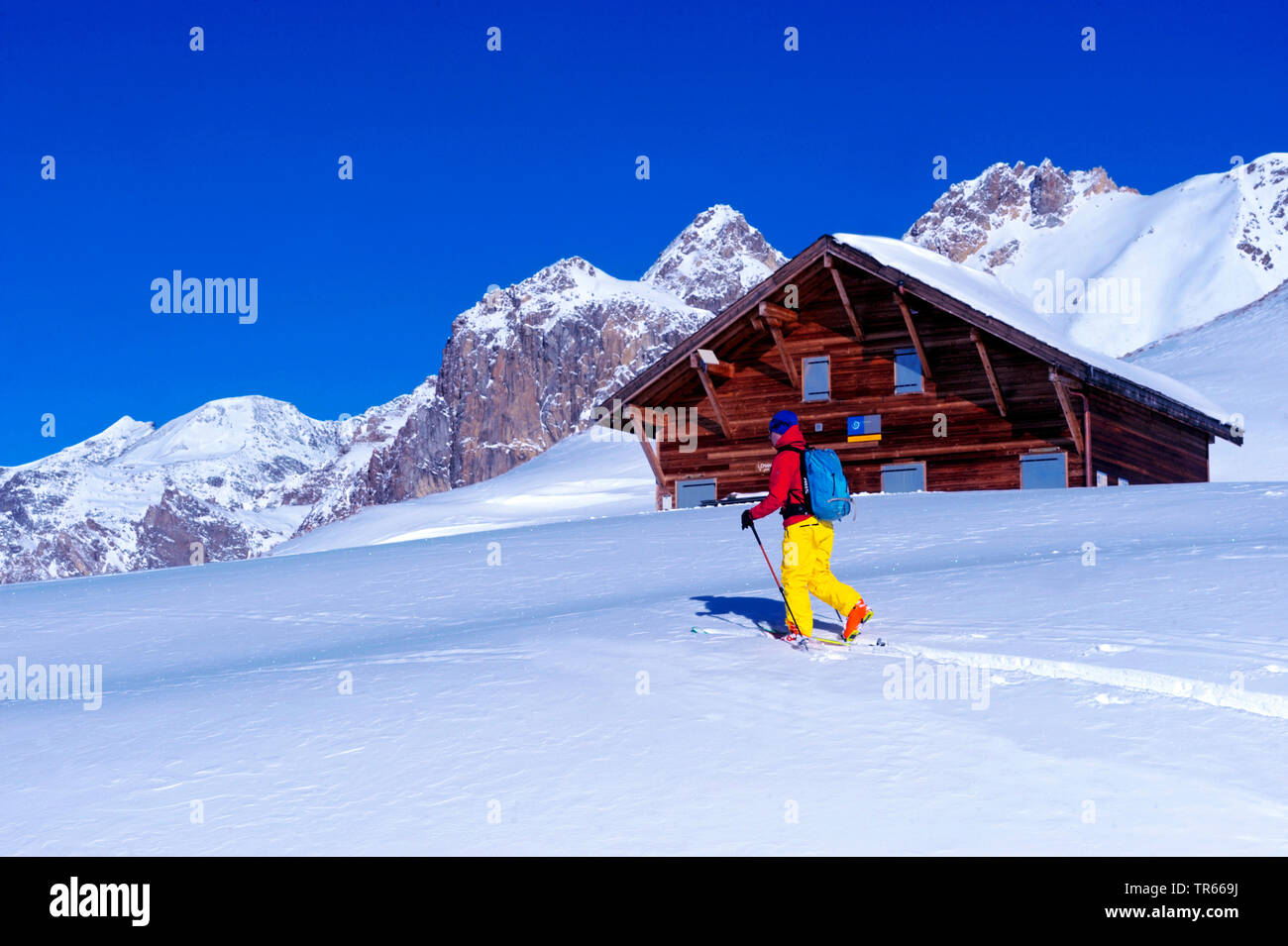 Skitouren in den Alpen auf der Refuge du Col du Palet, Frankreich, Savoyen, Nationalpark Vanoise Stockfoto