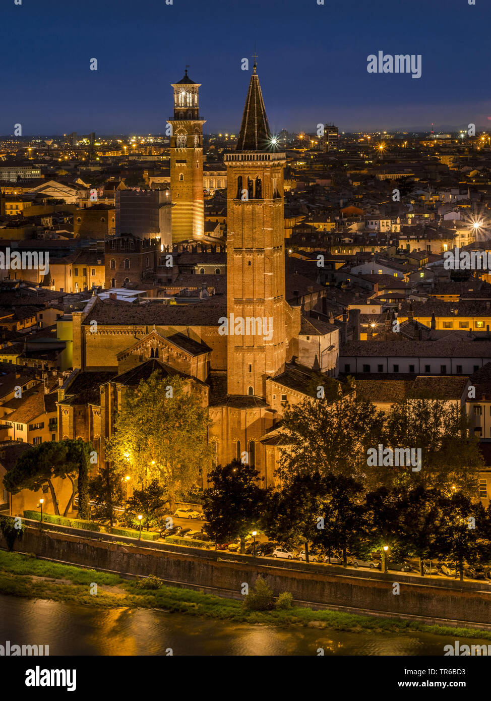 Verona mit Kirche Sant'Anastasia und Torre Dei Lamberti bei Nacht, Italien, Venetien, Verona Stockfoto